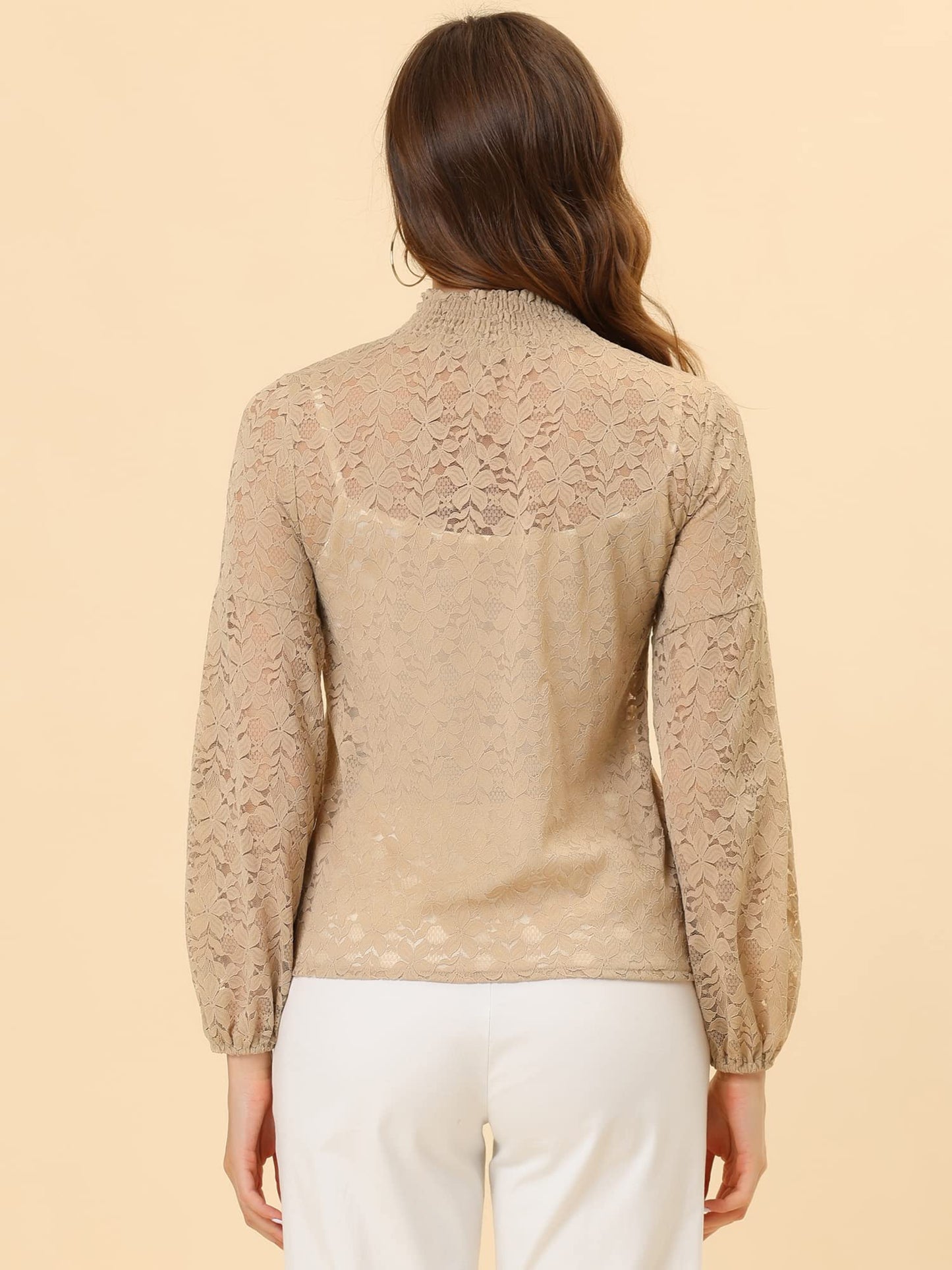 Floral Lace Top Turtleneck Puff Long Sleeve See Through Sheer Blouse