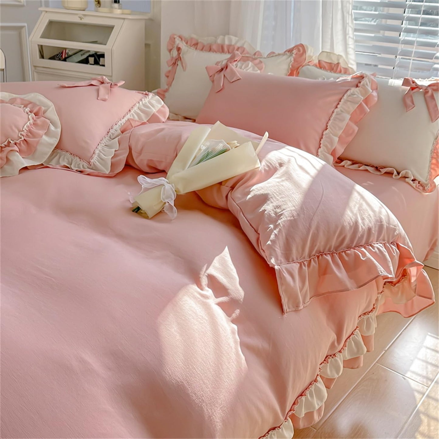 Girls Pink Bow Duvet Cover Princess Ruffle Bedding 100% Washed Microfiber 3pcs,Ruffled Duvet Cover Set