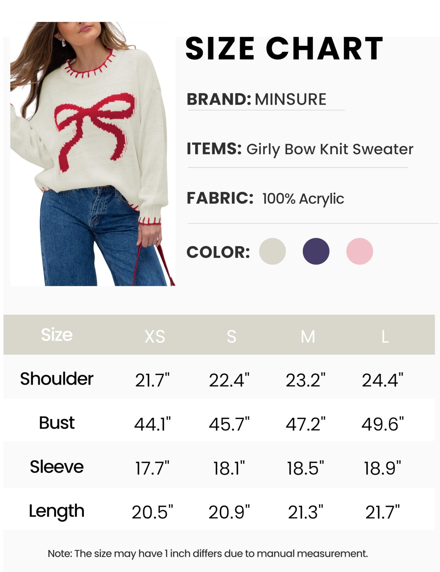 Women Y2K Bow Knit Sweater Crew Neck Long Sleeve Knitted Pullover Oversized Contrast Trim Knitwear