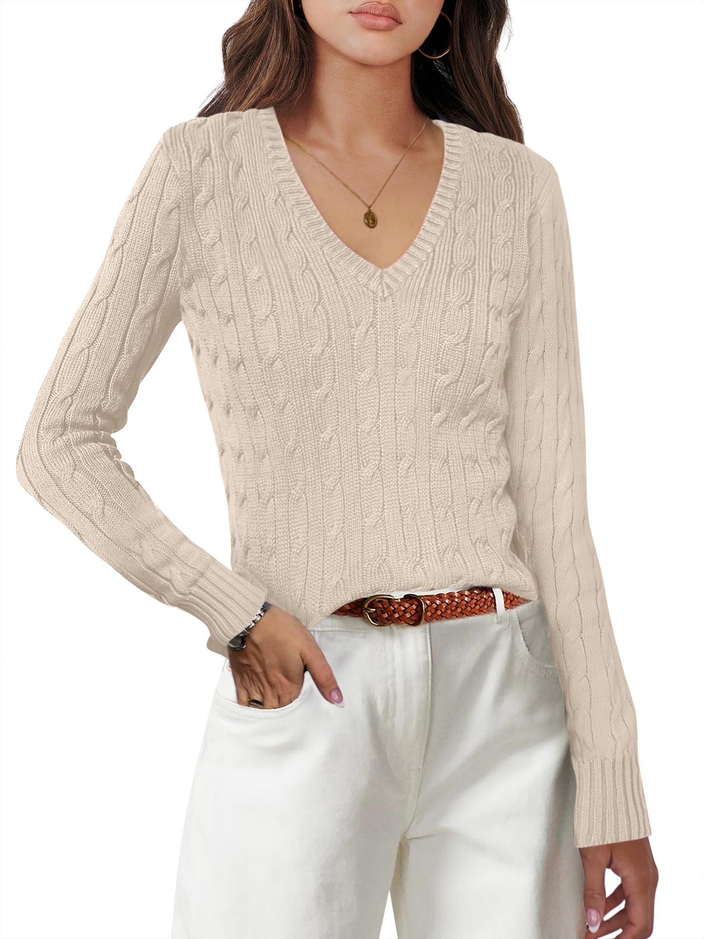 Women's Long Sleeve V Neck Cable Knit Sweater Jumper