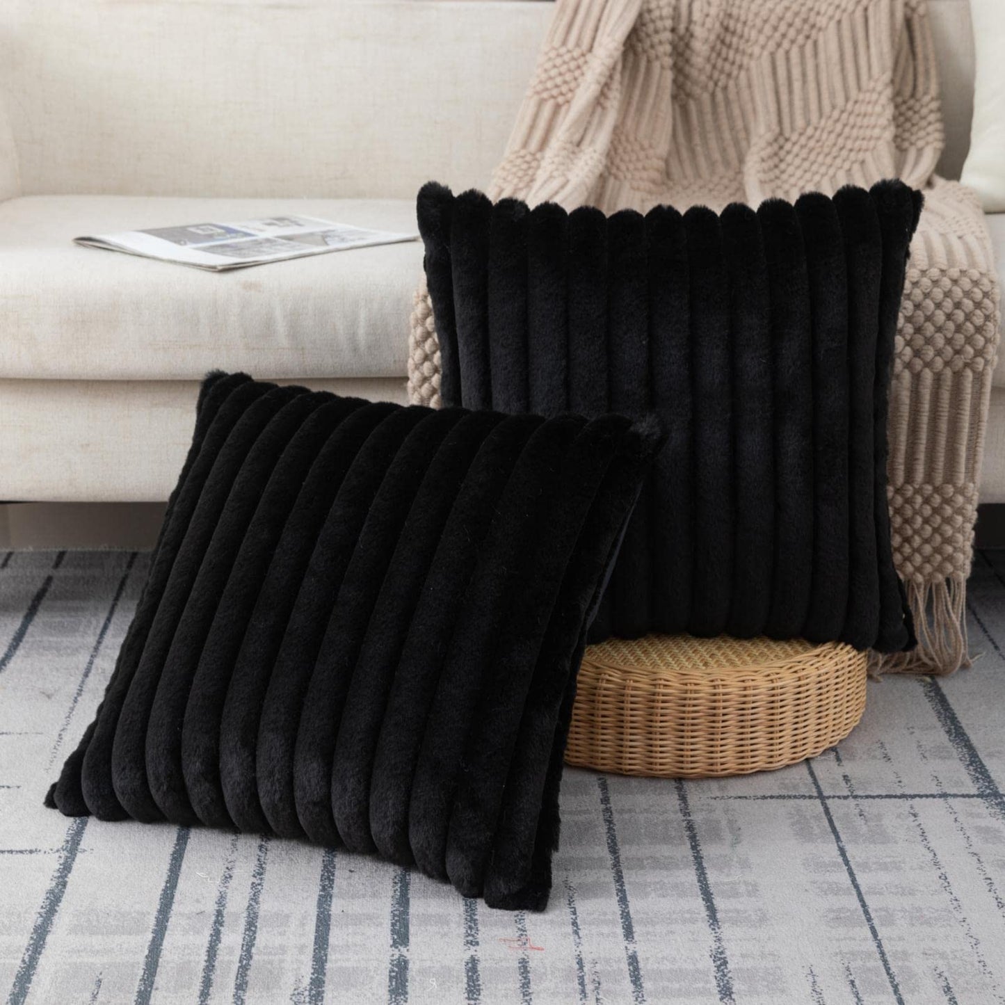 Set of 2 Fluffy Faux Fur Striped Pillow Covers – Decorative Cushion Cases