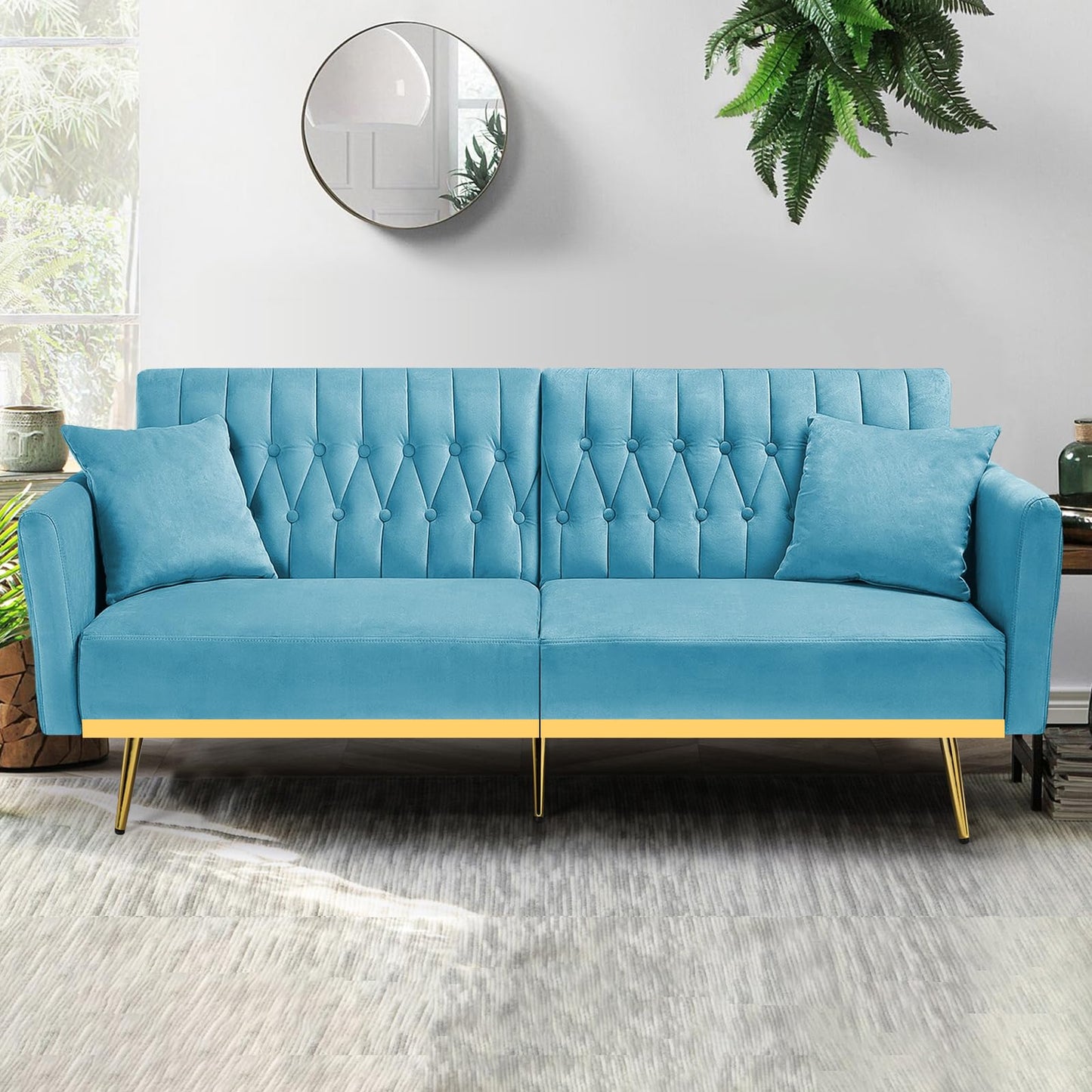 Velvet Futon Sofa Bed with 2 Pillows and Adjustable Armrests, 70”