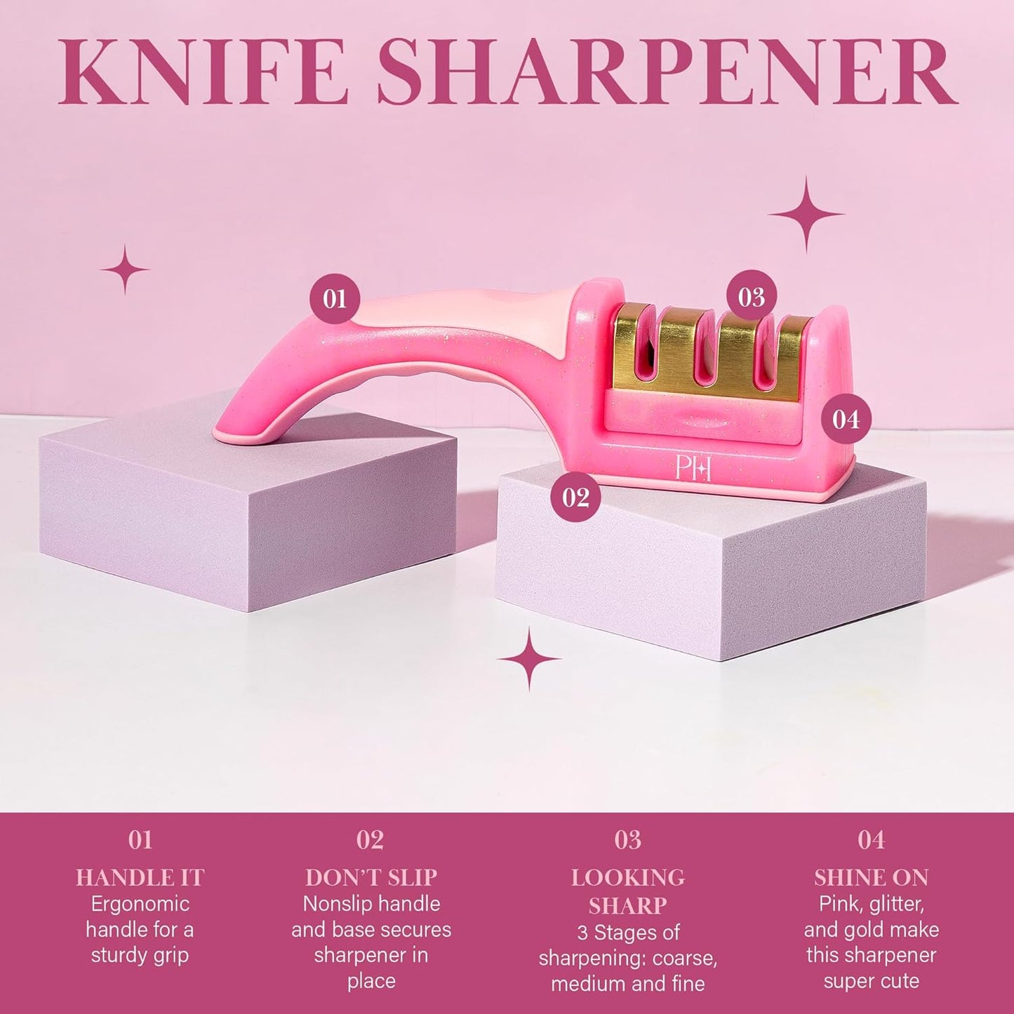 Paris Hilton 3-Stage Knife Sharpener, Professional Kitchen Knife Sharpener with Ergonomic Handle, Non-Slip Base, and Coarse, Medium, Fine Sharpening Stages, Pink