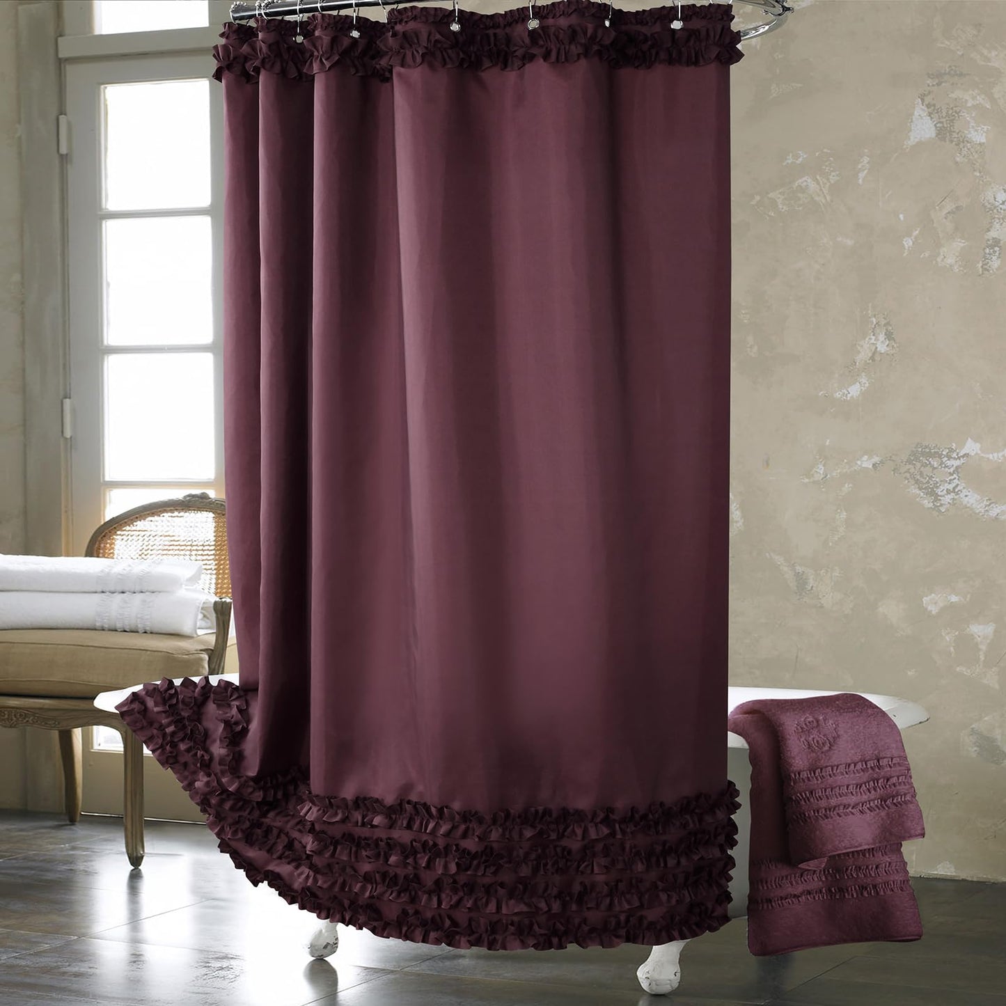 Ruffle Shower Curtain, Pink Fabric Shower Curtain with Handmade Ruffles, Farmhouse Chic Bath Curtains, 72" W x 72" H