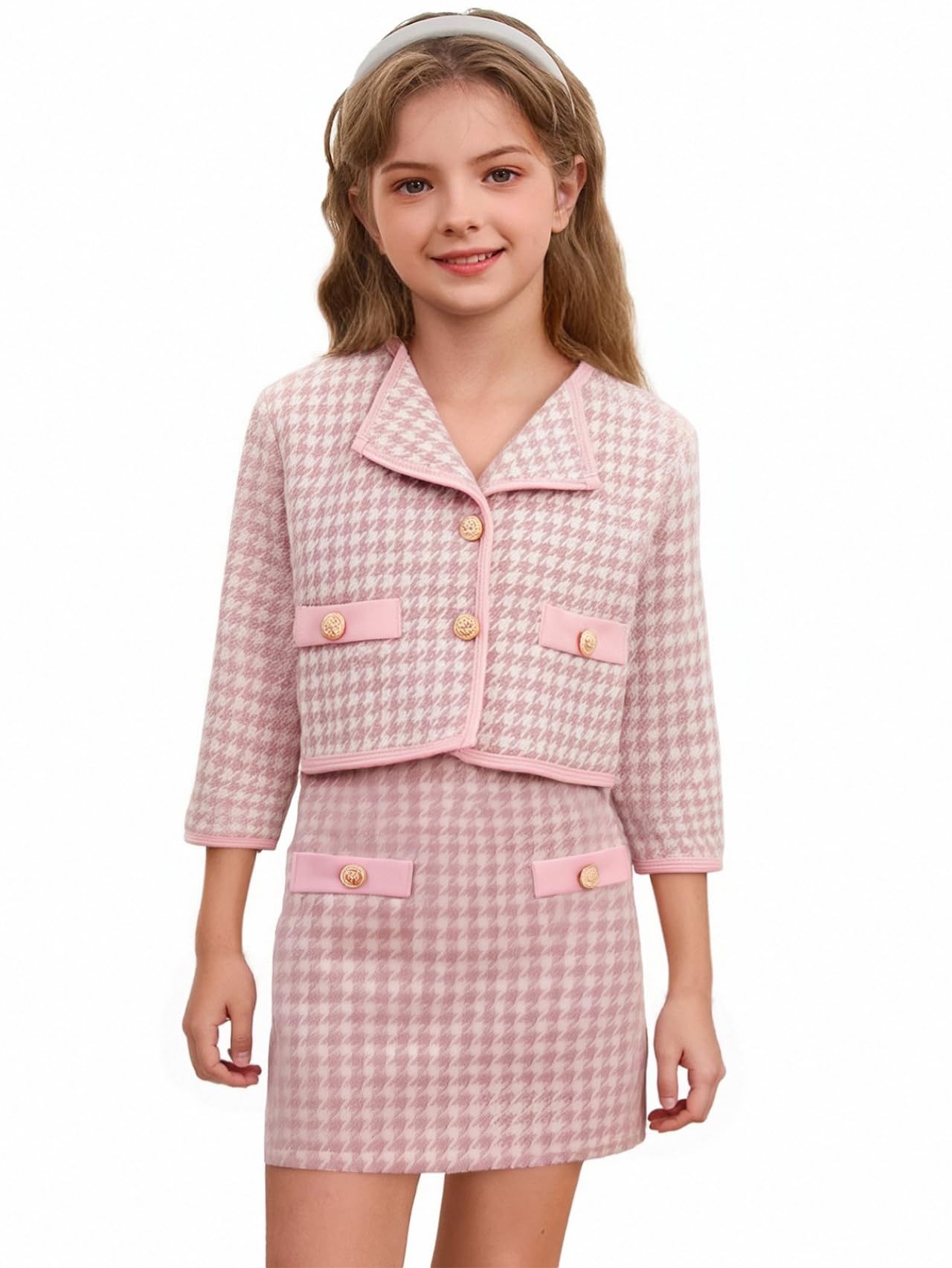 Girl's 2 Piece Houndstooth Button Front Long Sleeve Round Neck Jacket and Skirt Outfits Set