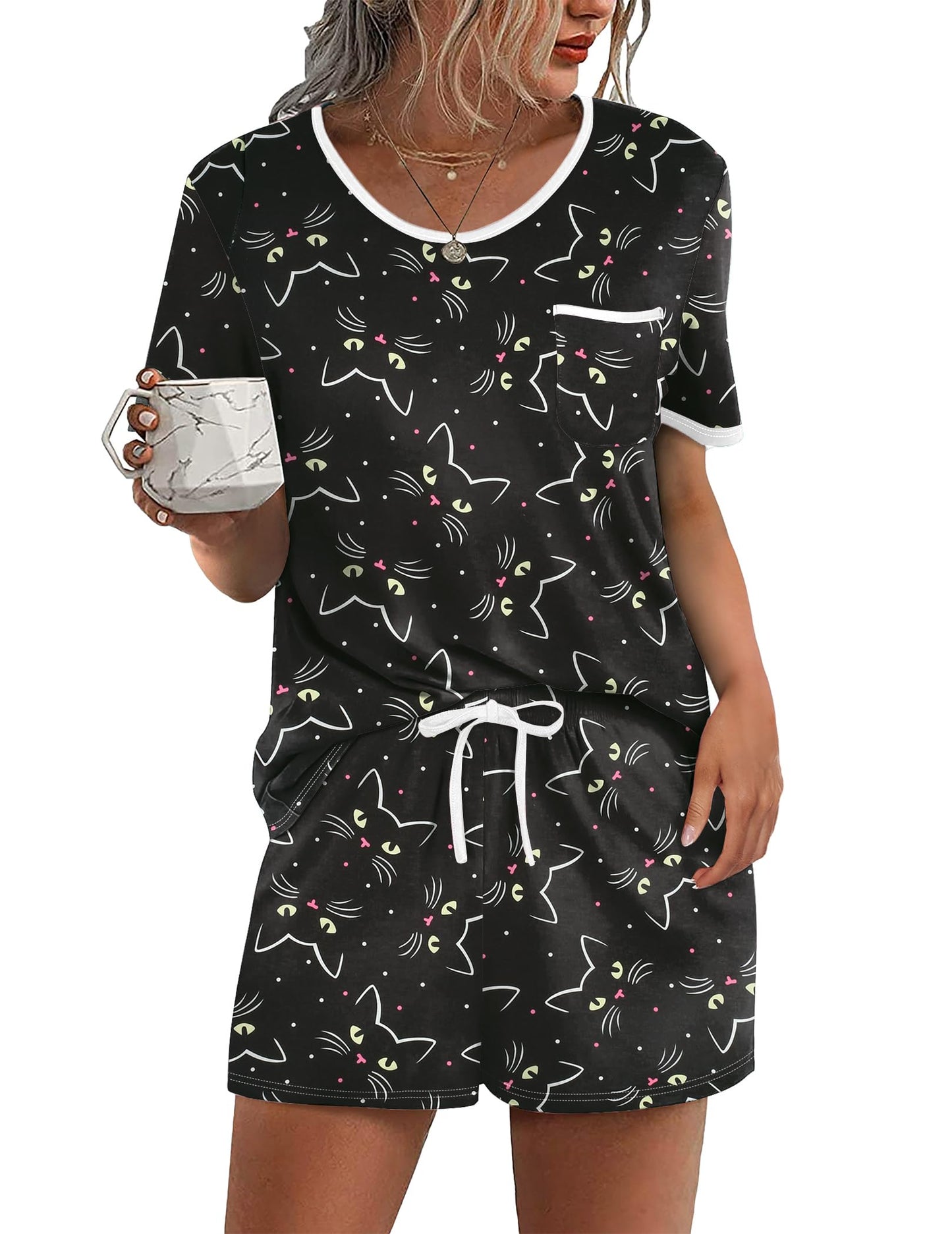 Pajama Set for 2 Piece Lounge Set Short Sleeve Tops and Shorts Soft Sleepwear, Chest Pocket