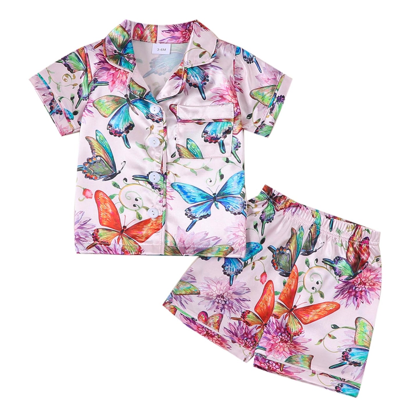 Toddler Girls Floral Silk Pajamas Short Sleeve Button-Up Top Shorts 2PC Flowers Satin Pajamas Set