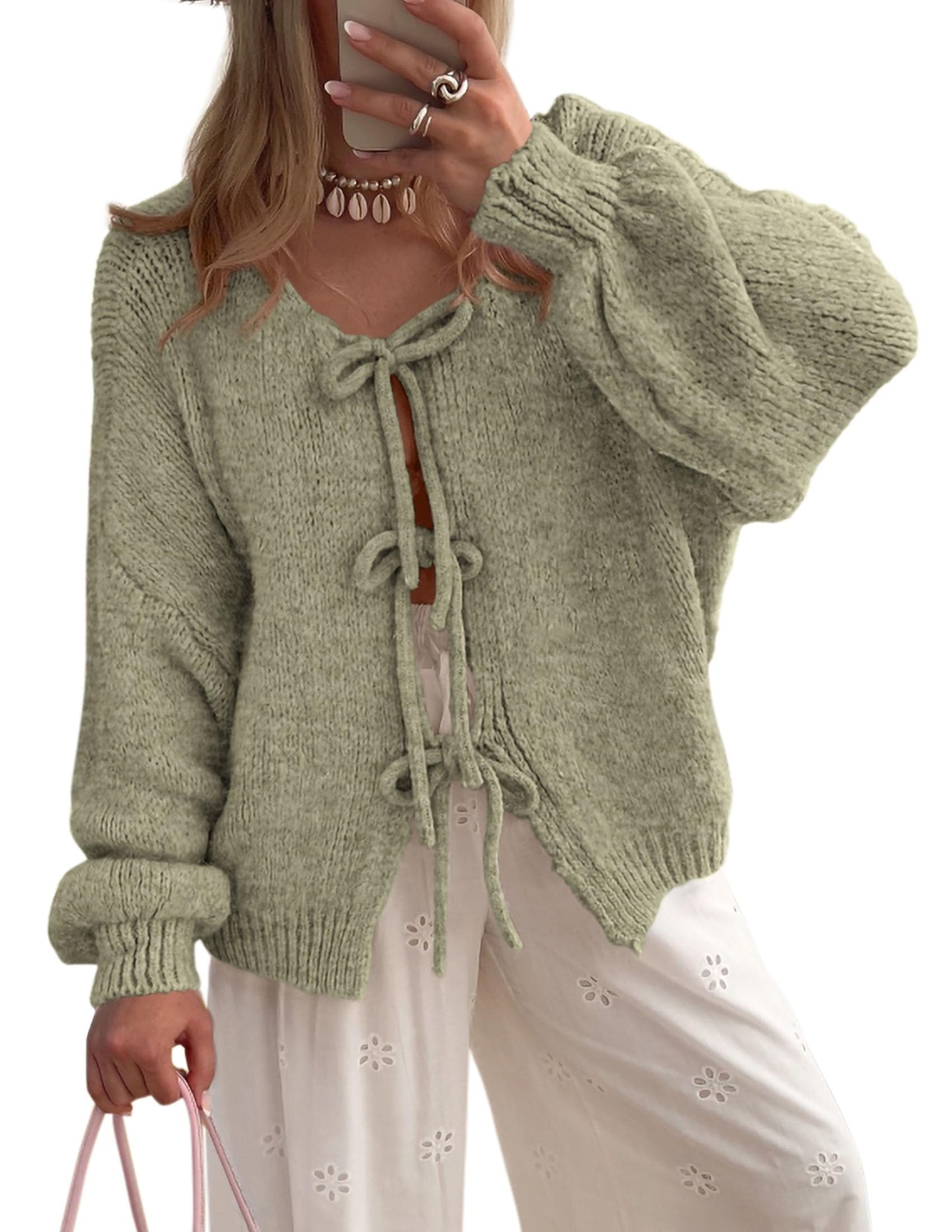 Women's Tie Front Bow Cardigan Sweaters Chunky Knit Long Puff Sleeve