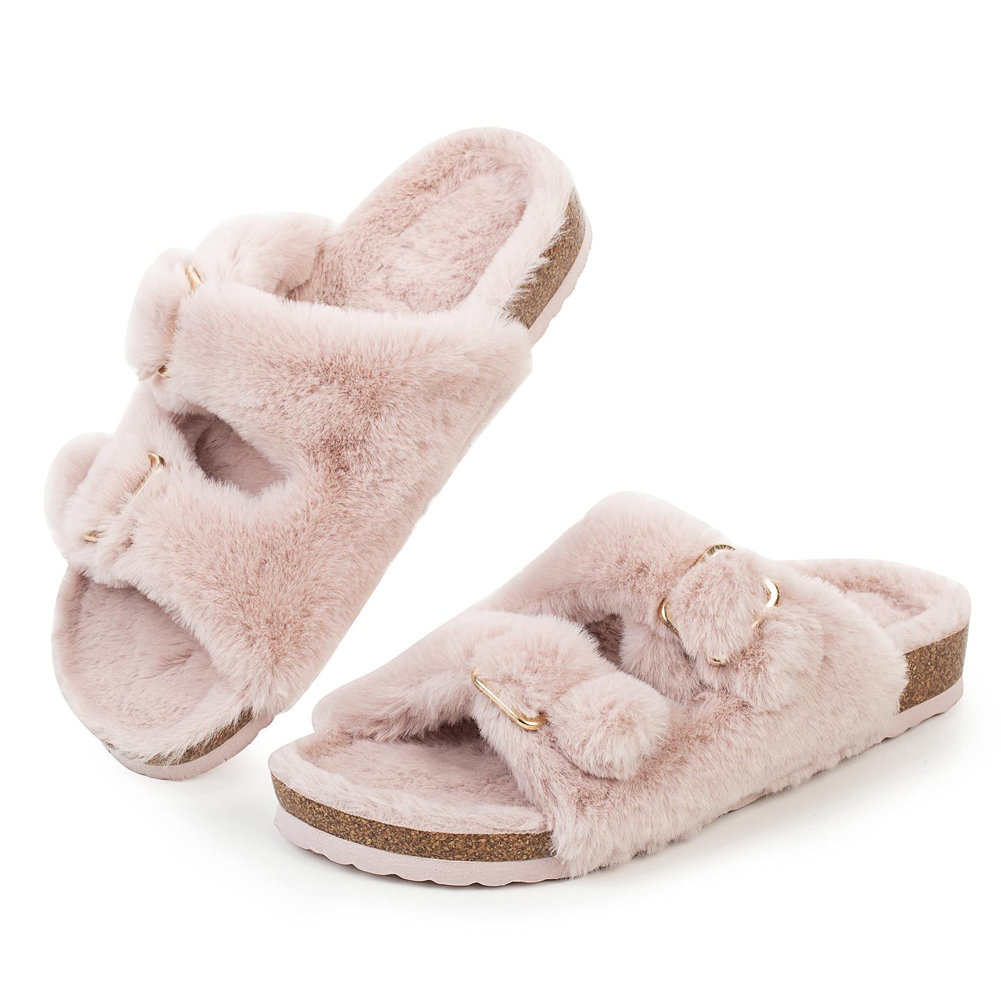 Womens Open Toe Slipper with Cozy Lining, Faux Fur Slide Sandals