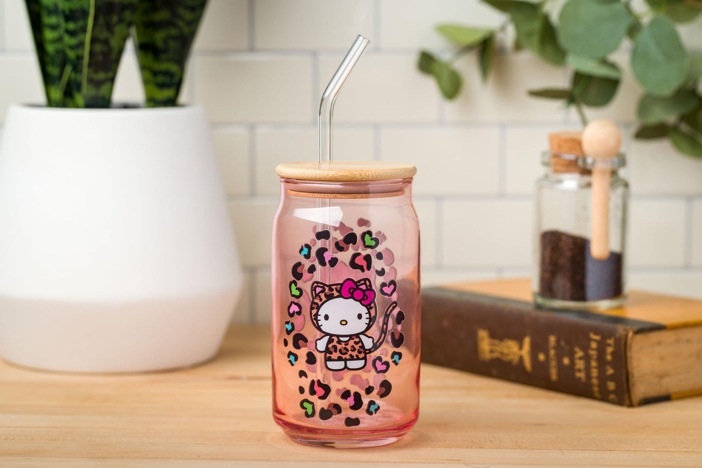 Sanrio Glass Jar Tumbler with Bamboo Lid and Glass Straw, 16 Ounces