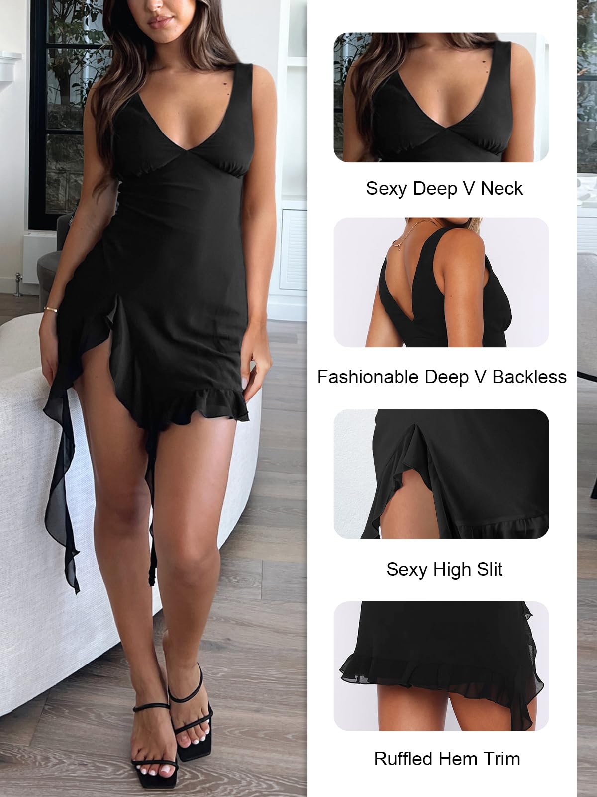 Women Sleeveless Sexy V Neck Bodycon Mini Dress Summer Side Slit Mesh Irregular Ruffle Hem Backless Short Dress