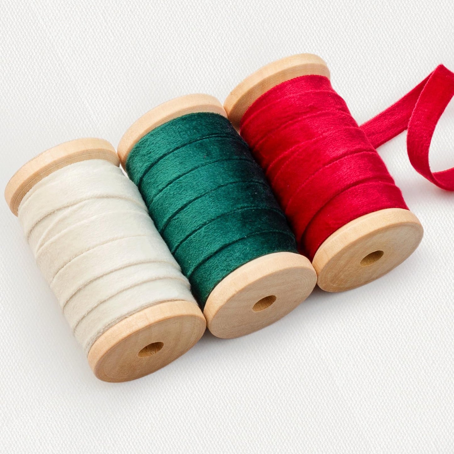 Velvet Ribbon Set: 3 Rolls of 3/8" Wide, 5 Yards Each, on Wooden Spools for Crafts and Decorations