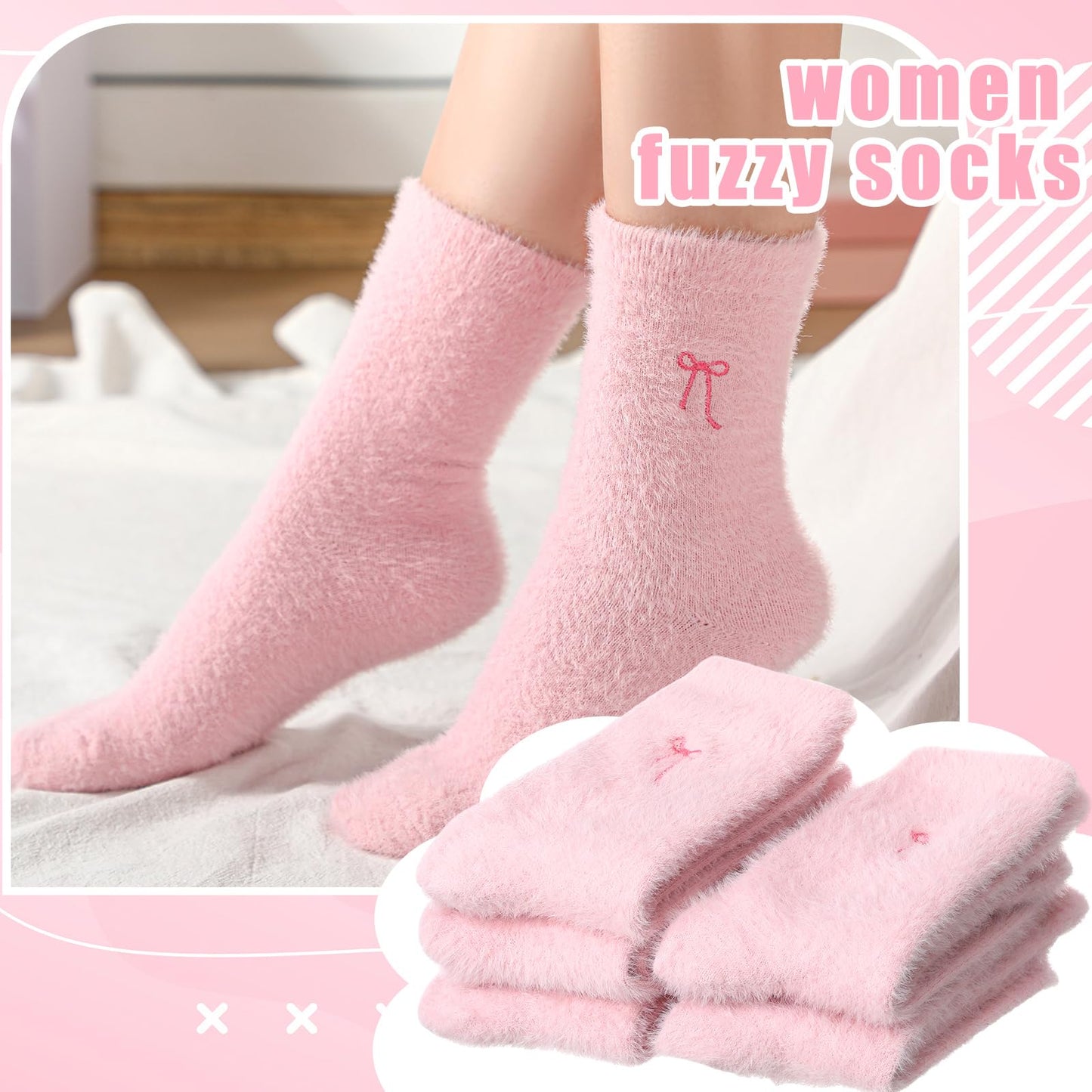 Women's Bow Fuzzy Socks Winter Crew Slipper Socks Coquette 5 Pcs