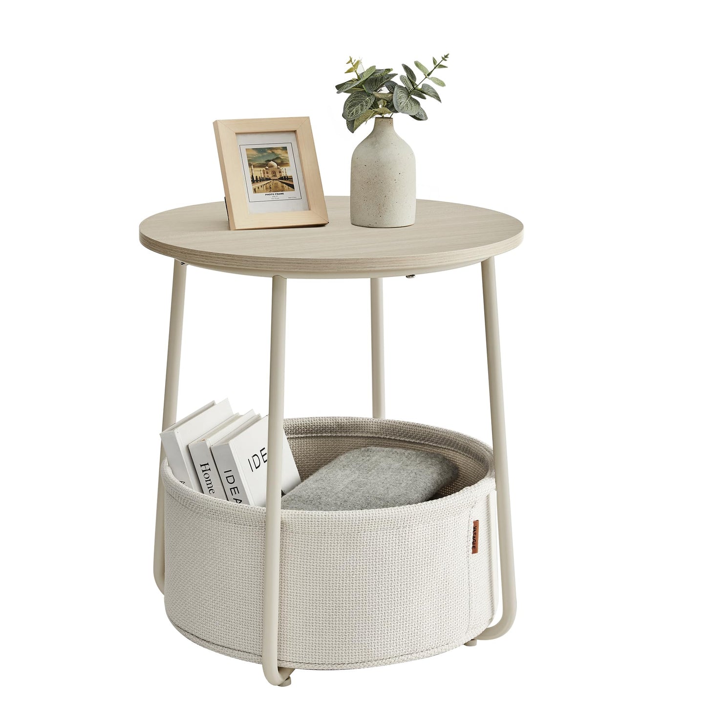 Small Bedside Table with Fabric Basket, Modern Nightstand, Round Side Table