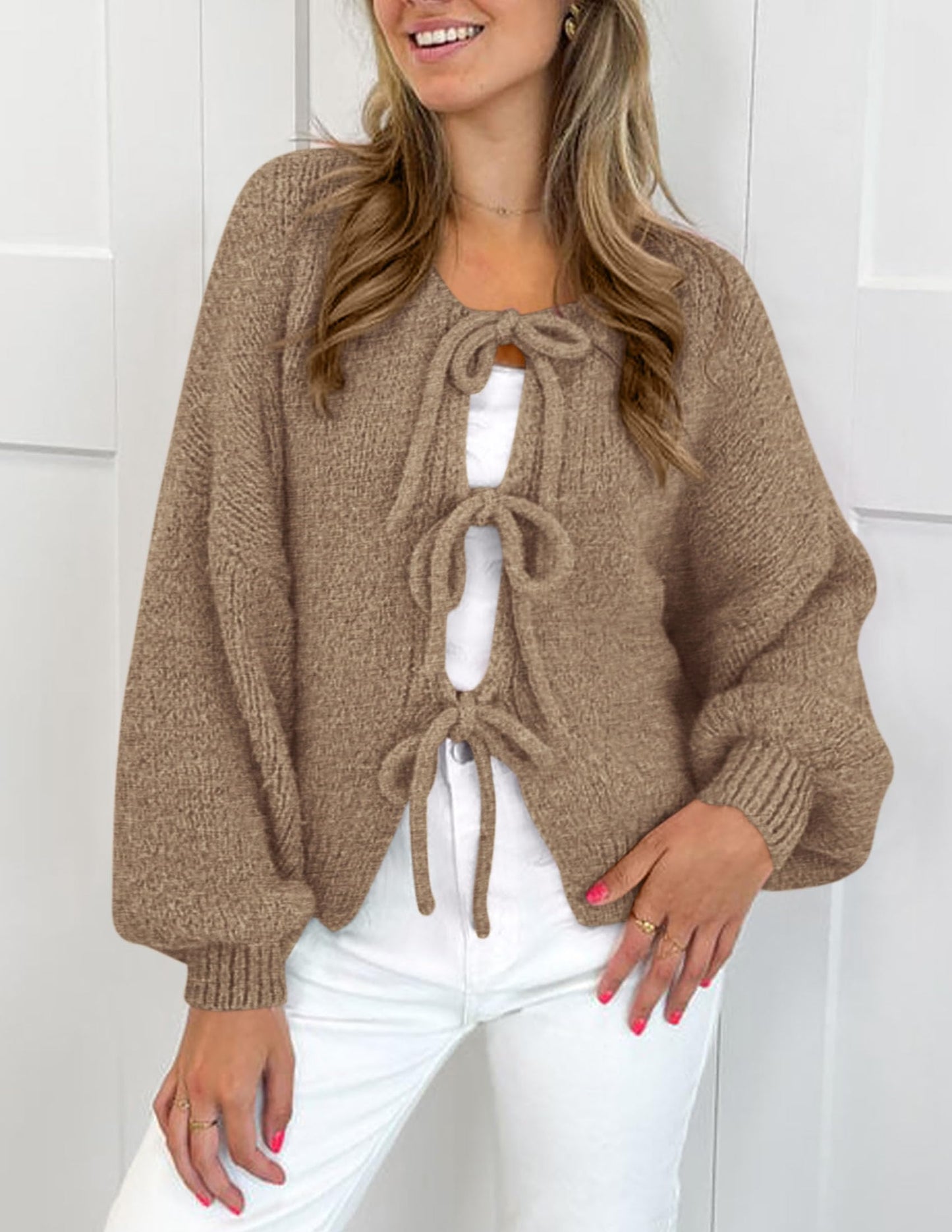 Women's Tie Front Bow Cardigan Sweaters Chunky Knit Long Puff Sleeve