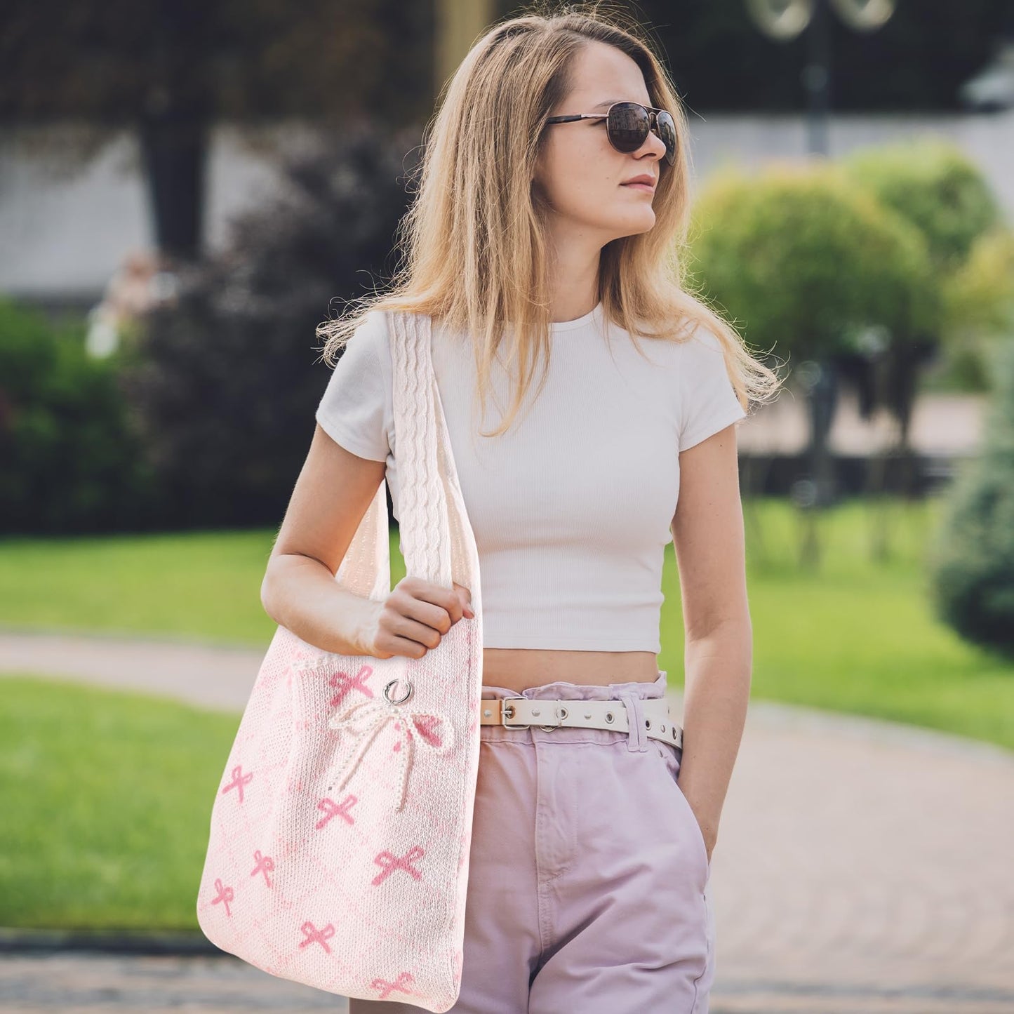 Coquette Crochet Pink Tote Bag with Bag Charms & Keychain – Aesthetic Shoulder Handbag