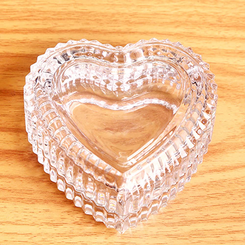 Heart-Shaped Crystal Glass Jewelry Box with Embossed Design and Lid