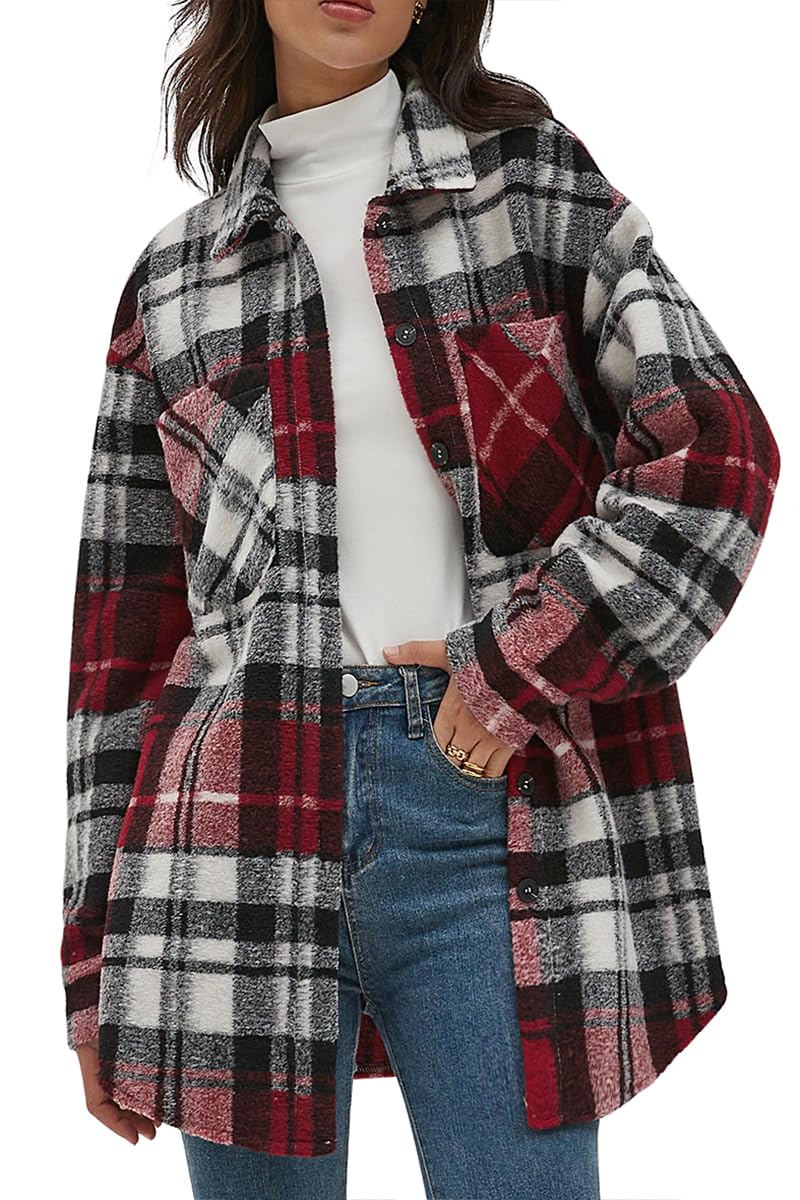 Women's Casual Flannel Plaid Shacket Button Down Long Sleeve Shirt Jacket Coats with Pockets