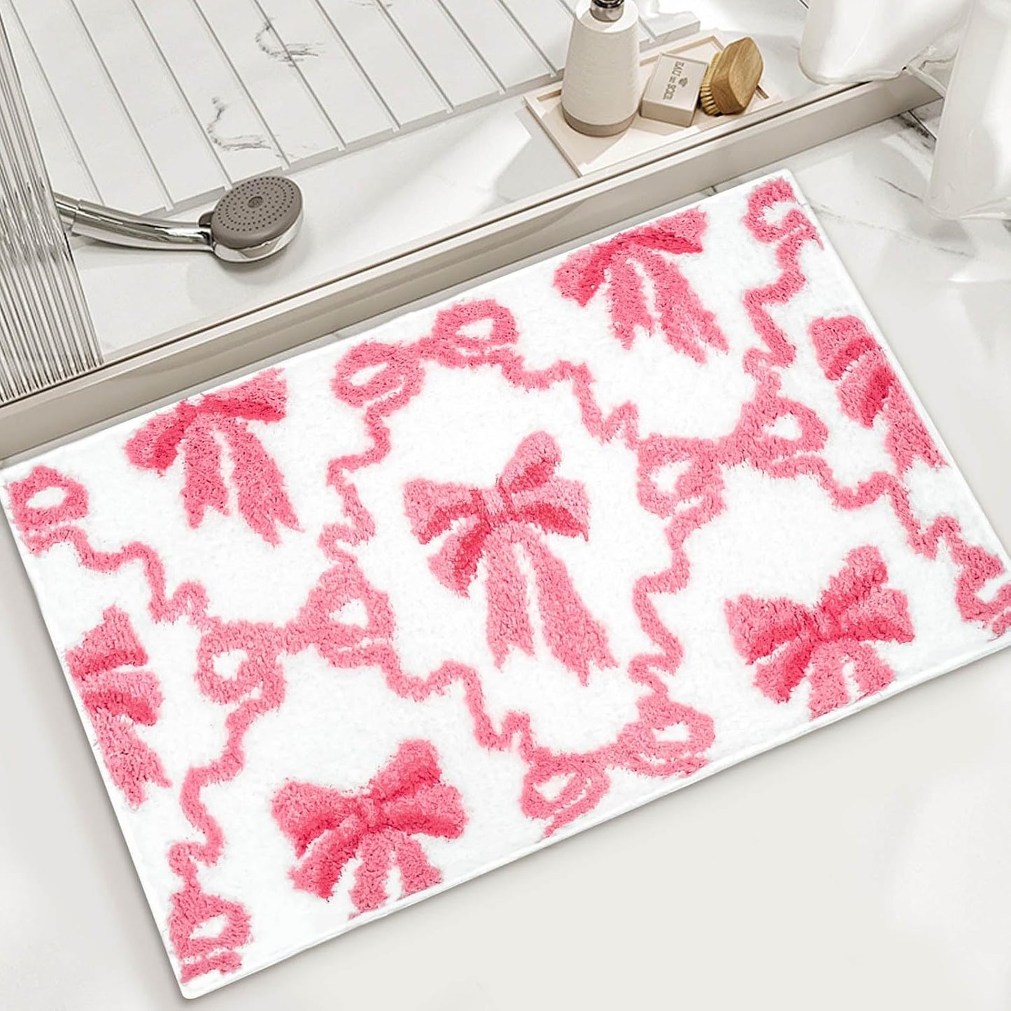 Cute Pink Bow Bathroom Rugs Coquette Bath Mat for Bathroom | Non Slip Absorbent Bow Bath Mat Washable 20x32 inch