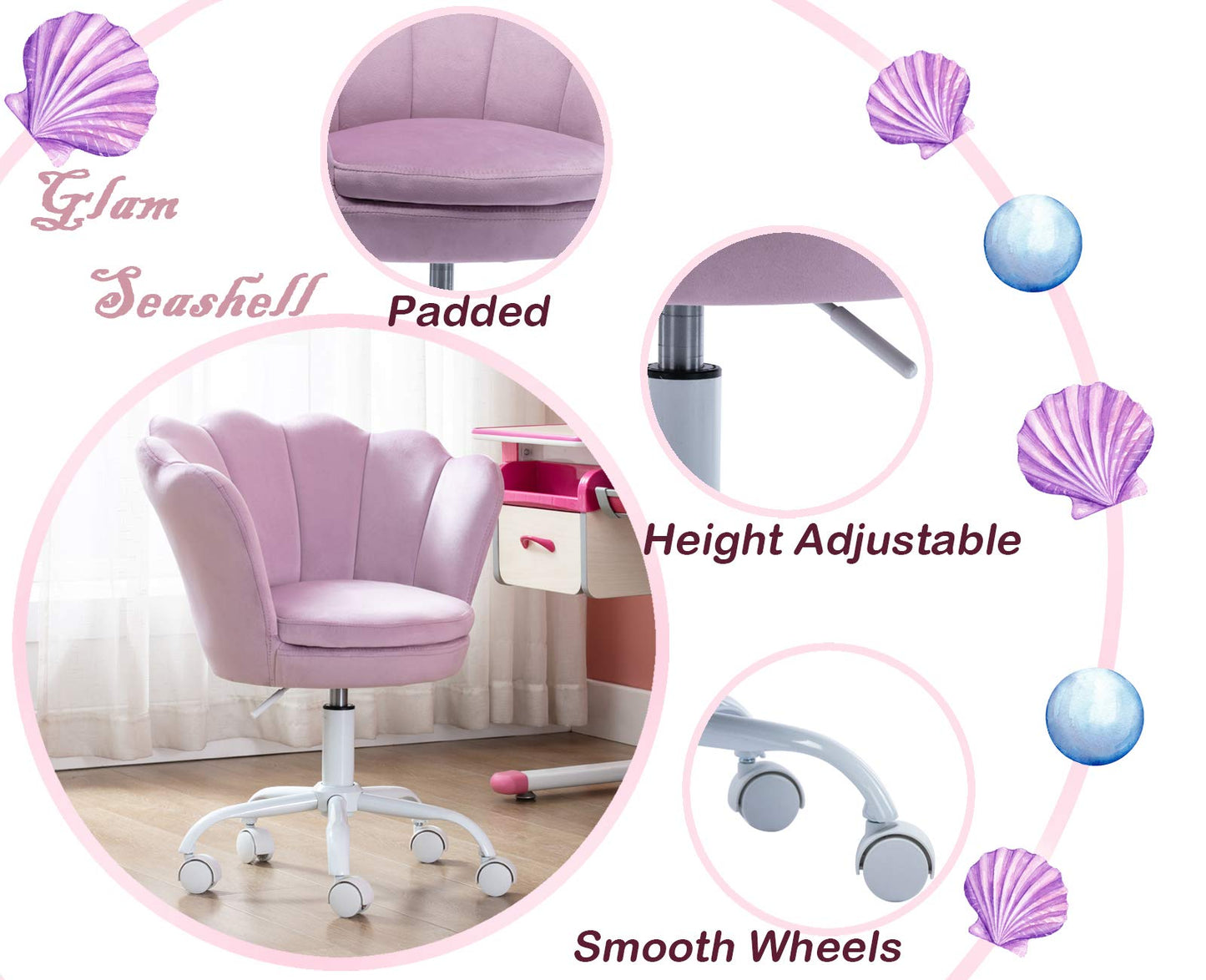 Cute Adjustable Kids Desk Chair - Modern Upholstered Velvet Swivel Rolling Armchair Seashell Back