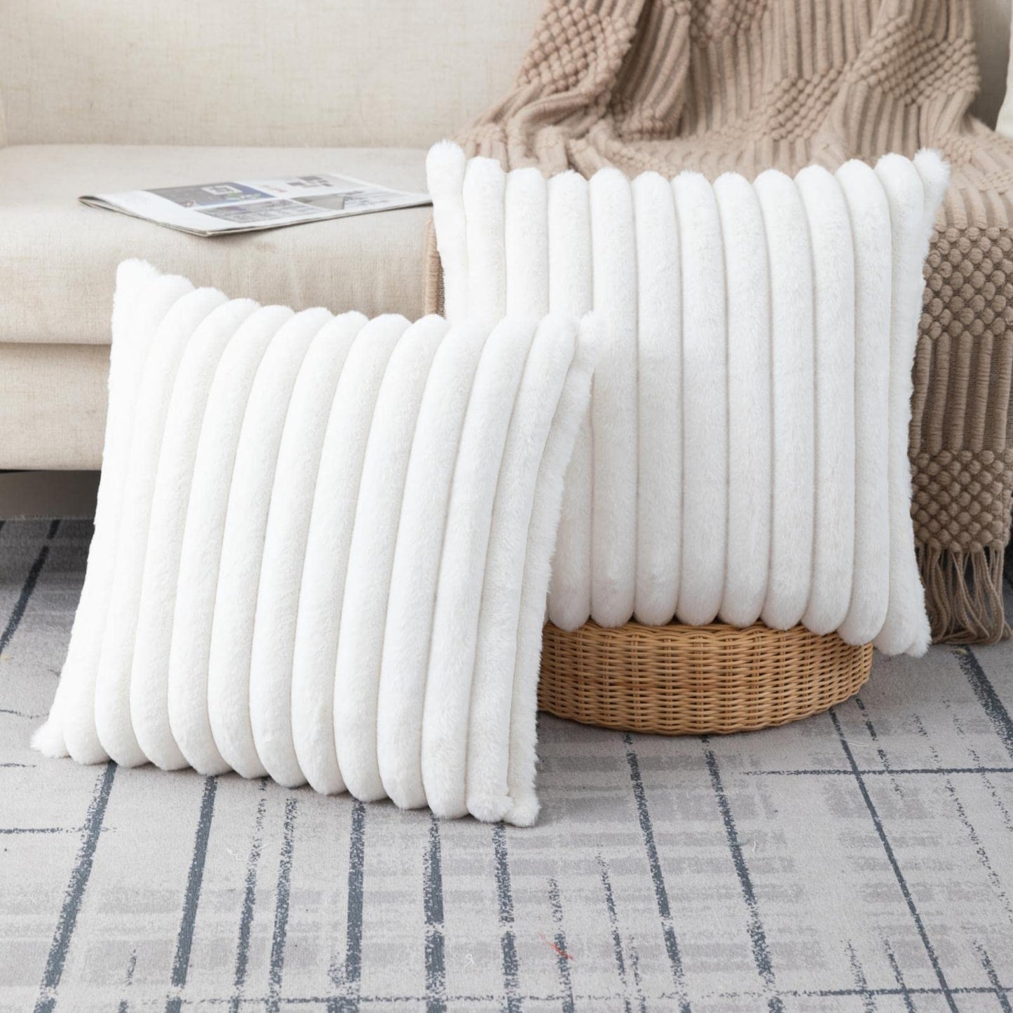 Set of 2 Fluffy Faux Fur Striped Pillow Covers – Decorative Cushion Cases