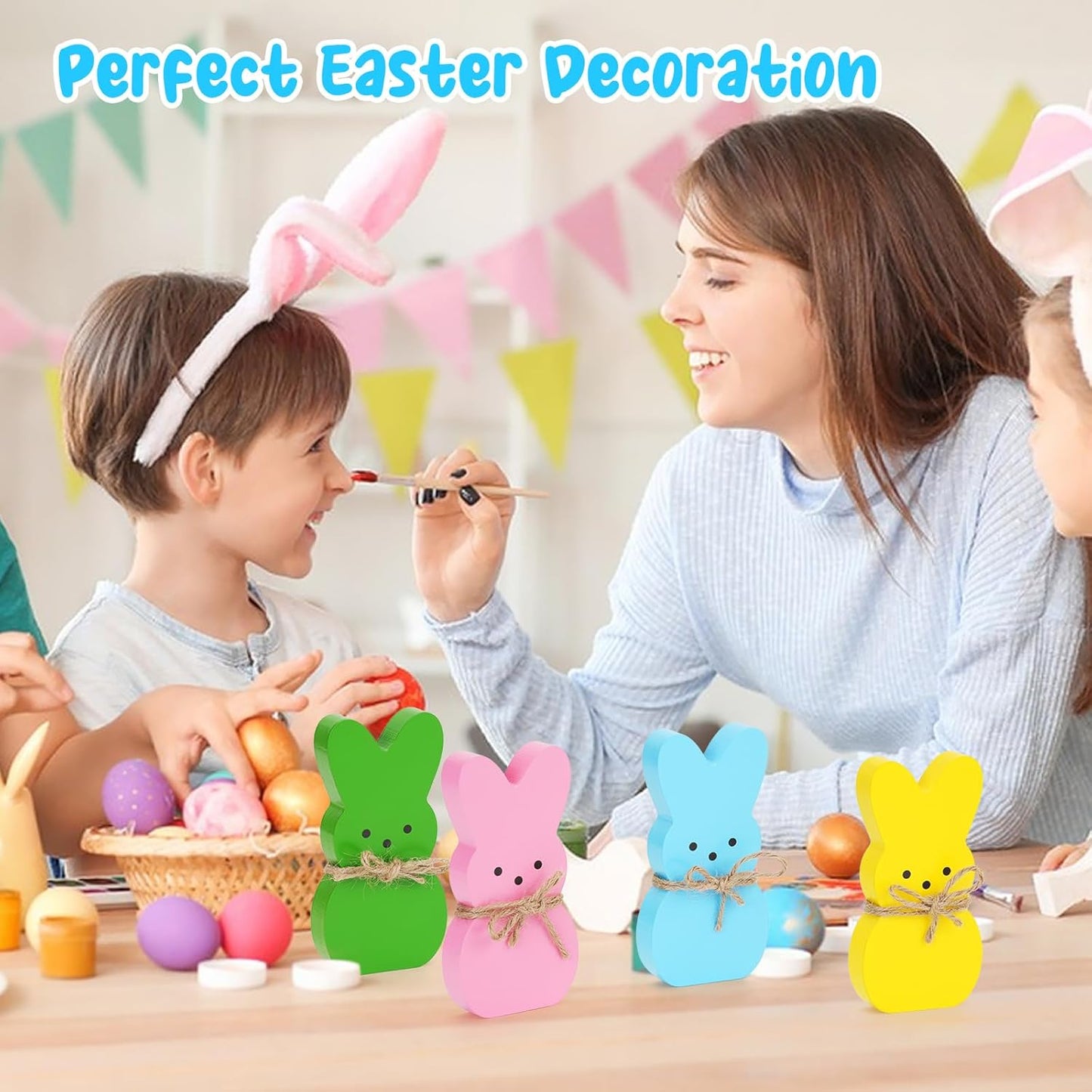 Easter Decor, 4 Pcs Bunny Table Decorations Wooden Spring Signs for Home