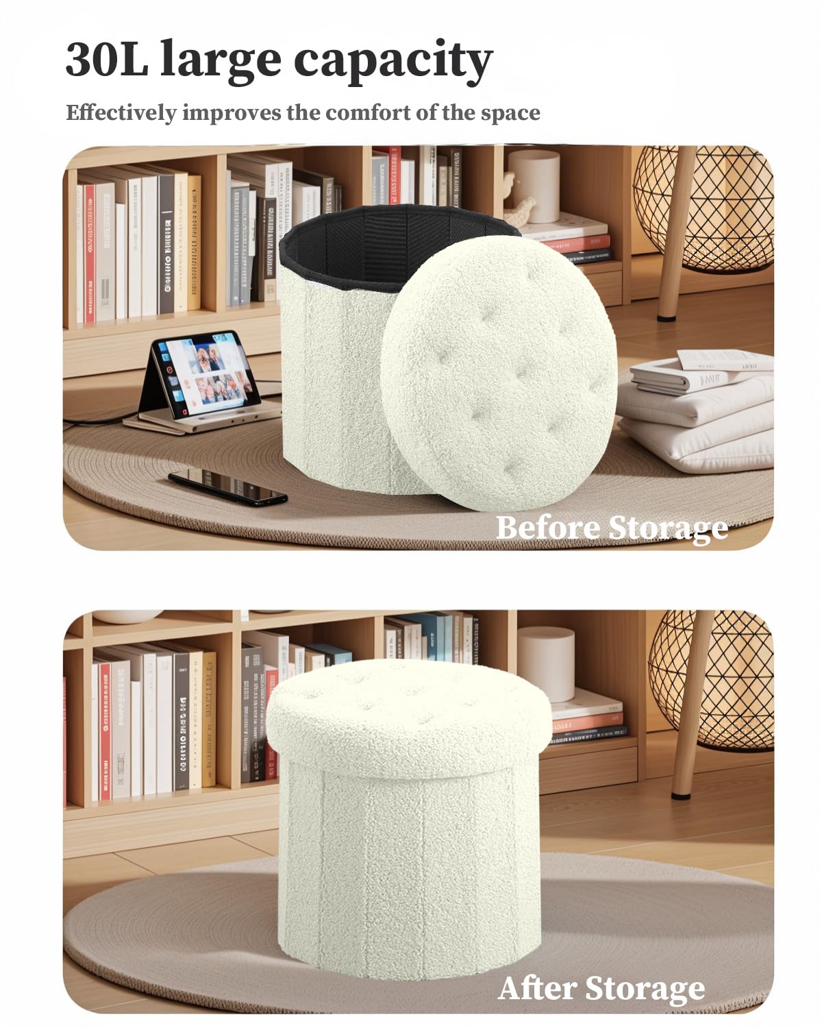 Round Storage Ottoman Foot Stool, Faux Teddy Tufted Ottoman with Storage, Foot Rest for Living Room Bedroom or Dorm 13.7x13.7x13 inches