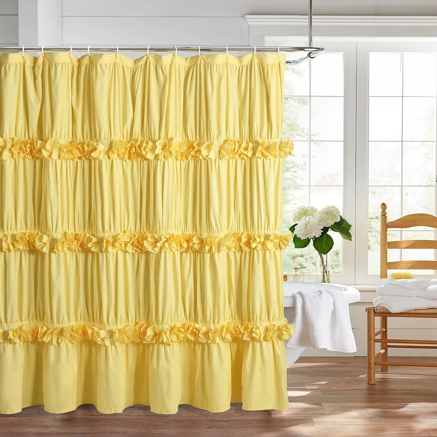 Victorian Bow Tie Ruffle Shower Curtain, with 12 Buttonholes, 72" W x 72" H, White (LQ-10)