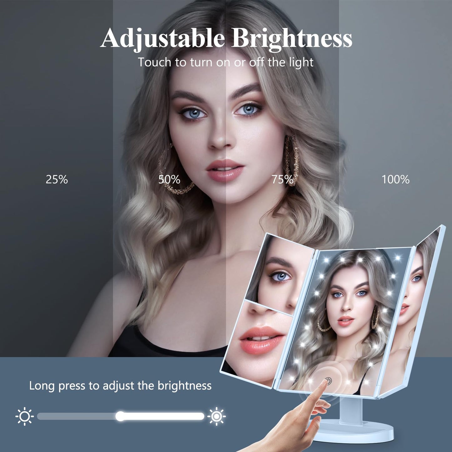 Makeup Mirror Vanity with Lights, 2X 3X 10X Magnification, Lighted Mirror, Touch Control, Trifold Dual Power Supply, Portable LED