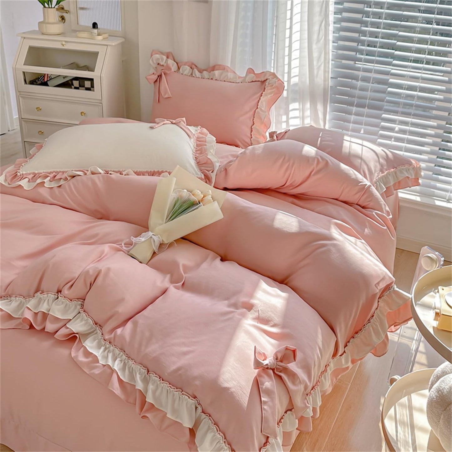 Girls Pink Bow Duvet Cover Princess Ruffle Bedding 100% Washed Microfiber 3pcs,Ruffled Duvet Cover Set