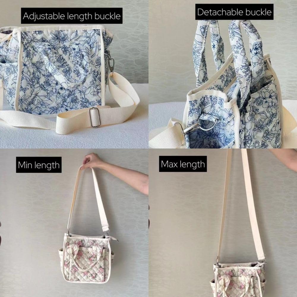 Small Floral Quilted Tote Bag - Cute Crossbody Shoulder Purse with Pockets