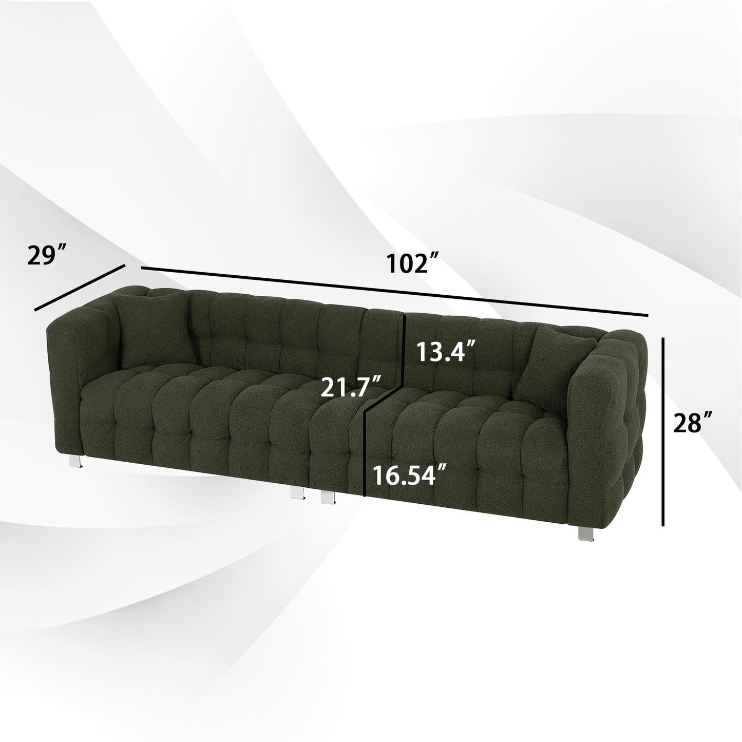 Modern Sofa Couch with Metal Legs Upholstered Tufted 3 Seater Couch with 2 Pillows Decor