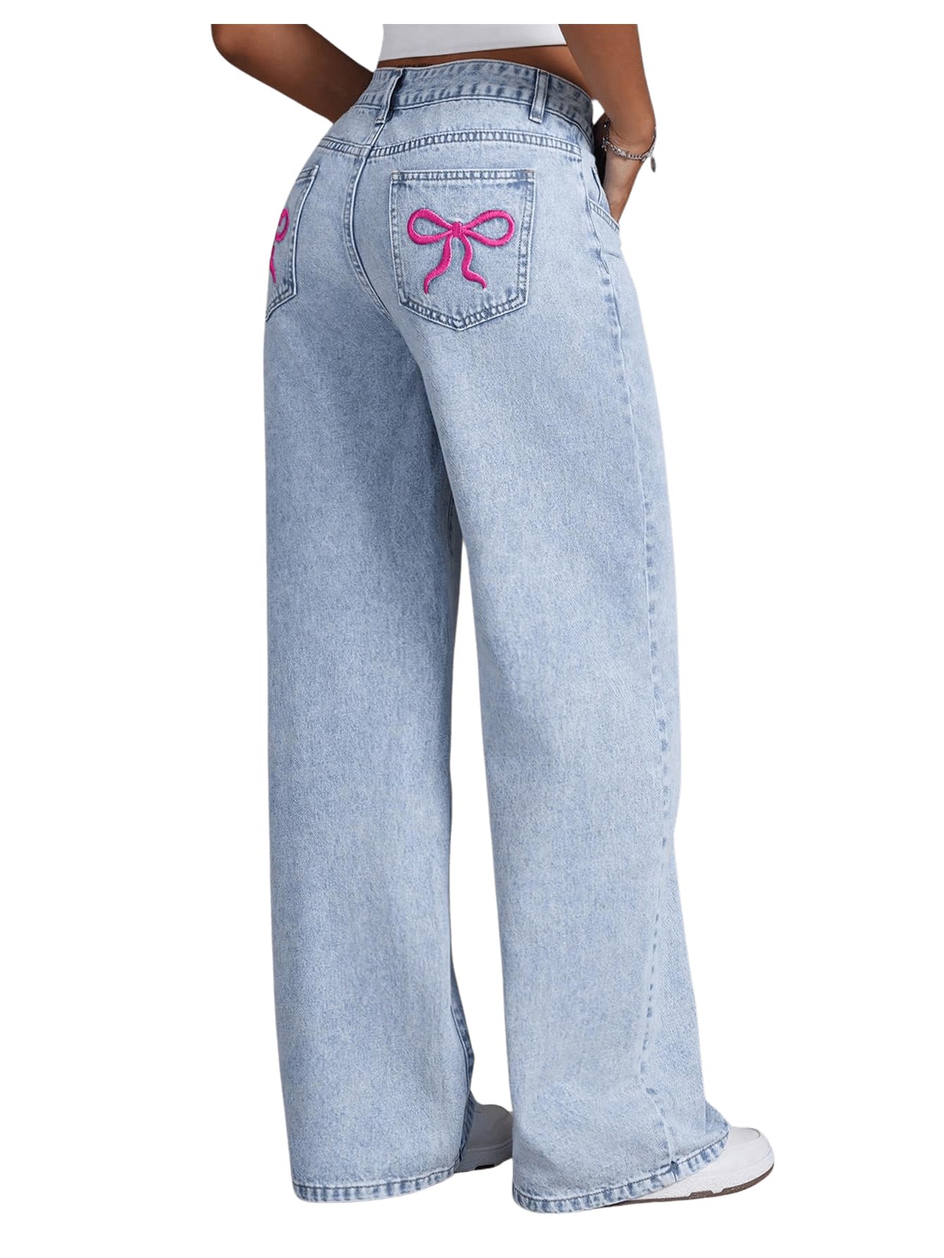 Women's Bowknot Embroidery Jeans - Y2k Straight Leg Boyfriend Denim Pants