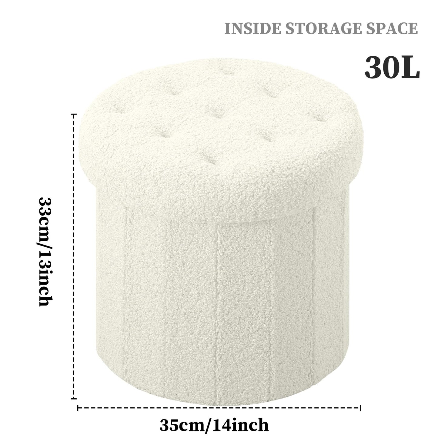 Round Storage Ottoman Foot Stool, Faux Teddy Tufted Ottoman with Storage, Foot Rest for Living Room Bedroom or Dorm 13.7x13.7x13 inches