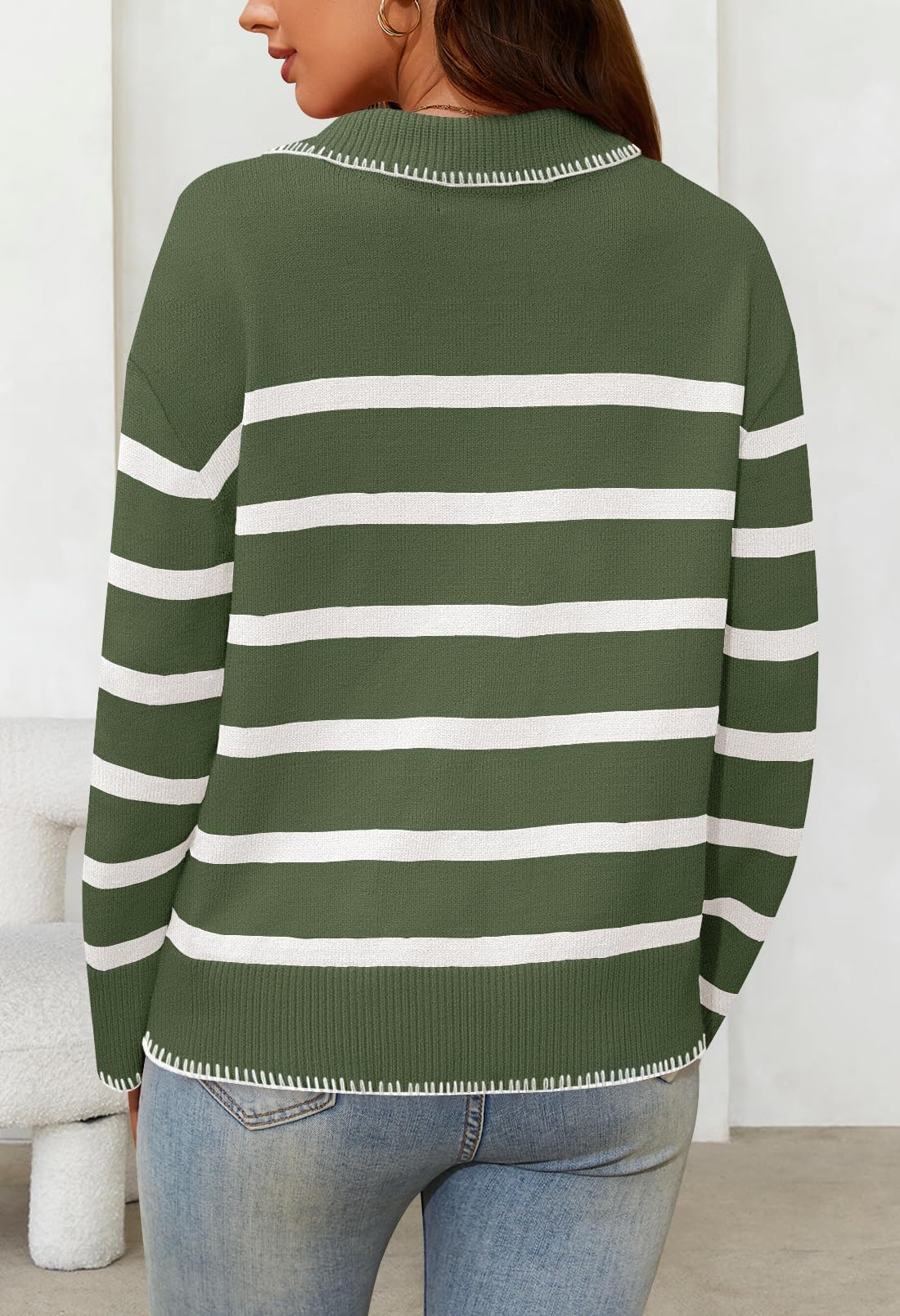 Women's Oversized Striped Sweater Collared V Neck Long Sleeve Knit Pullover