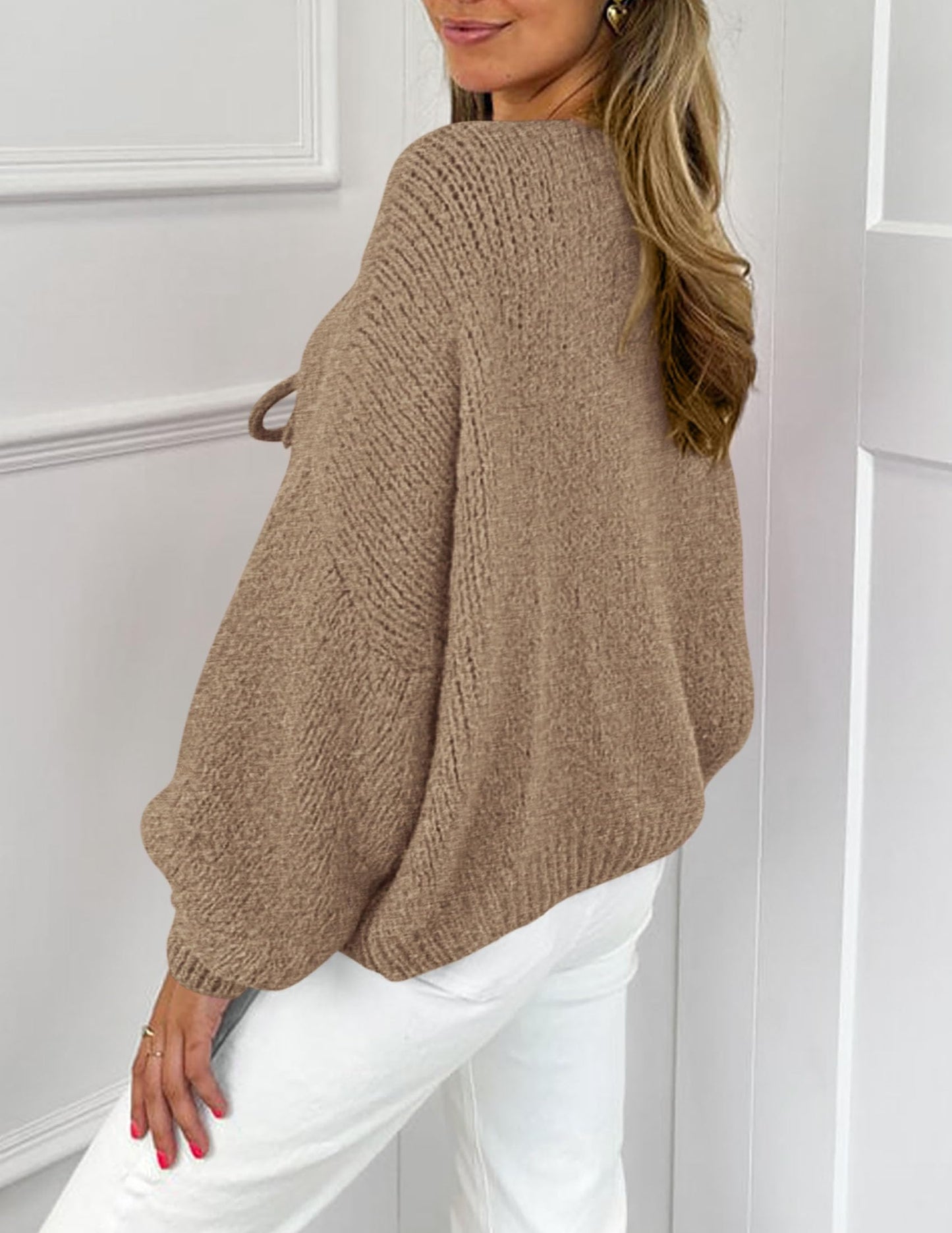 Women's Tie Front Bow Cardigan Sweaters Chunky Knit Long Puff Sleeve