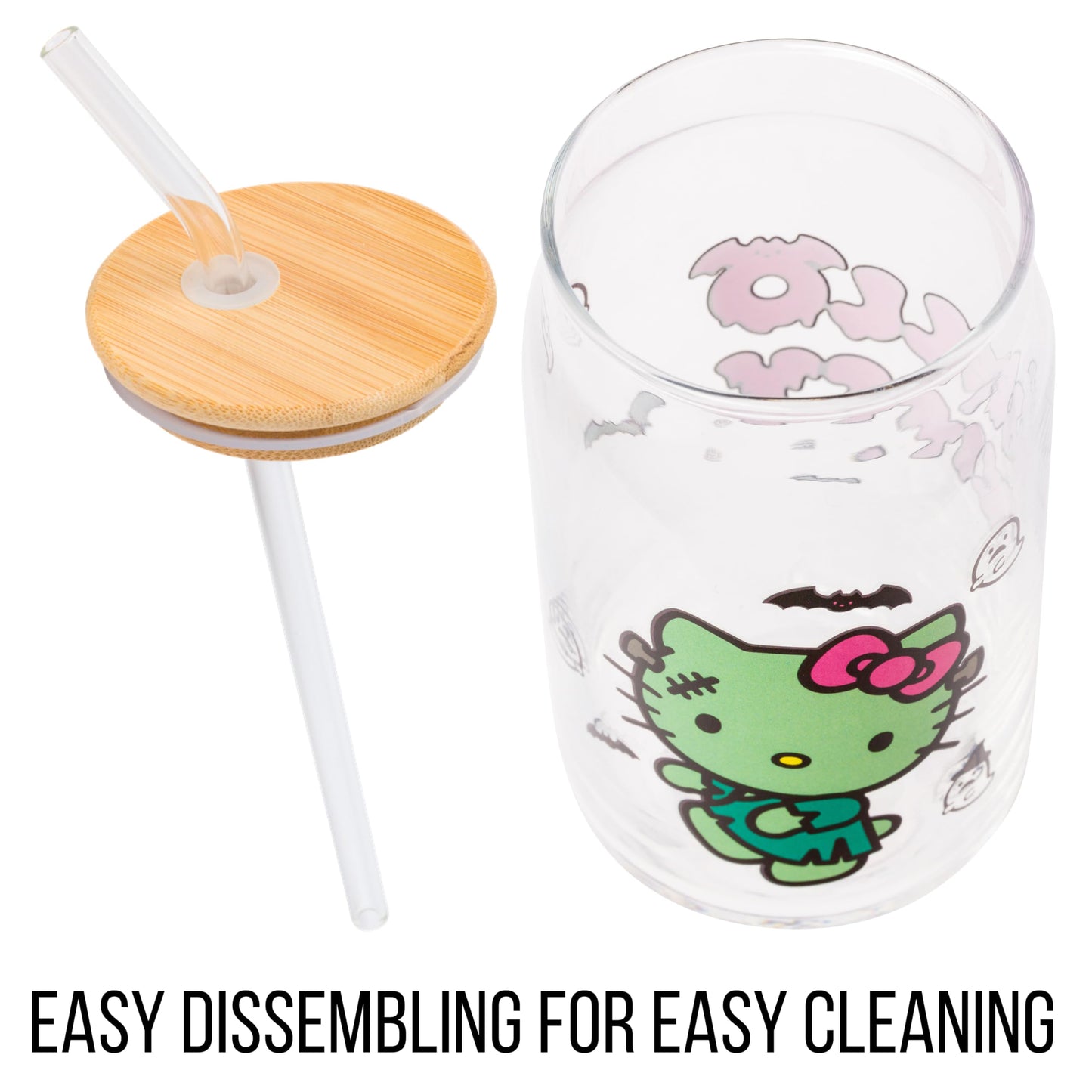 Sanrio Glass Jar Tumbler with Bamboo Lid and Glass Straw, 16 Ounces