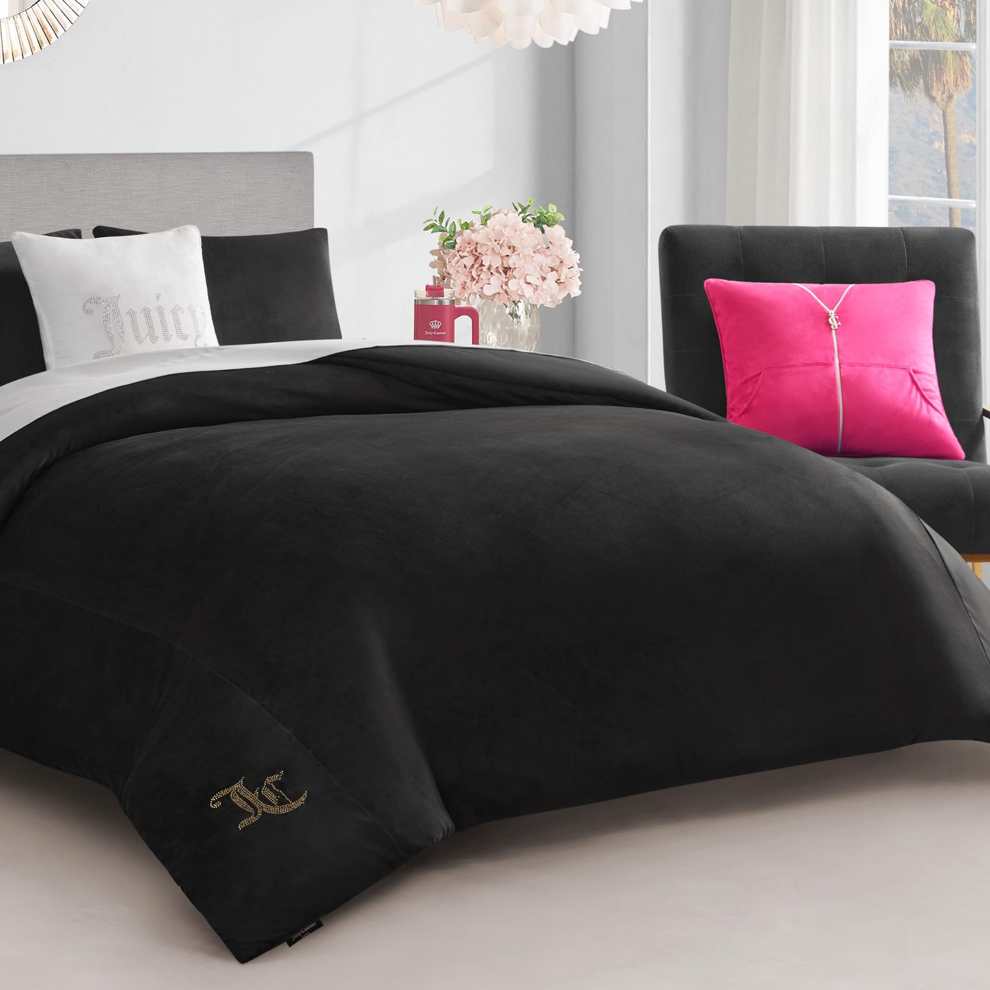 Juicy Couture Solid Velour 3-Piece King Comforter Set – Luxurious Bedding Ensemble