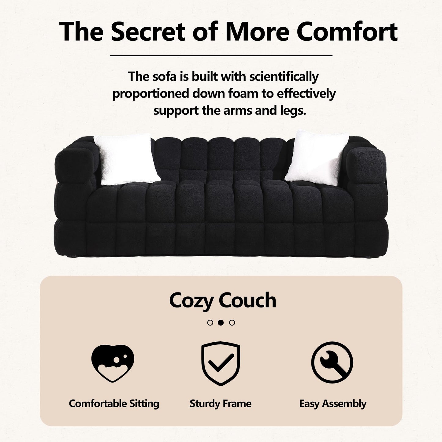 Modern Sofa Couch with Metal Legs Upholstered Tufted 3 Seater Couch with 2 Pillows Decor