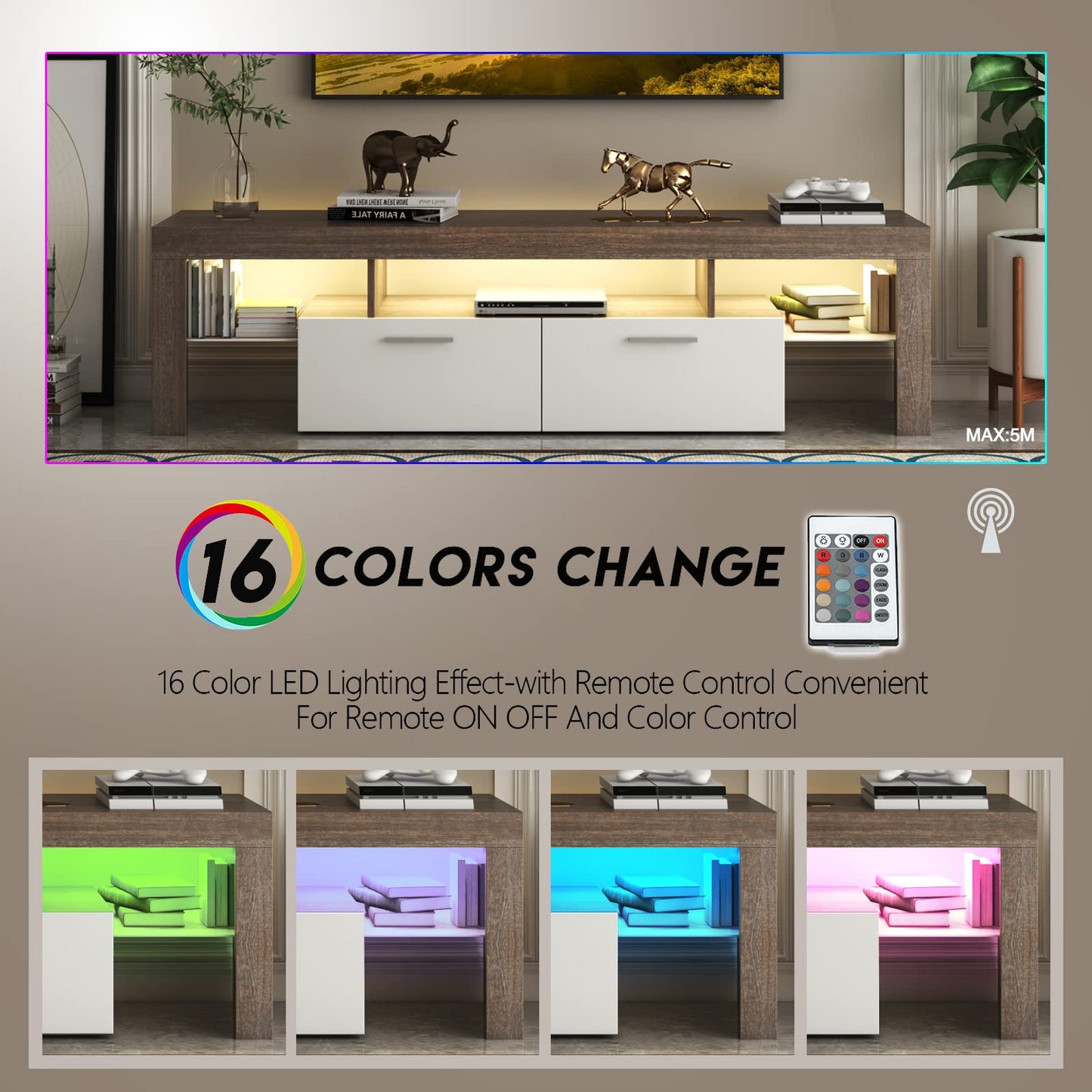 LED TV Stand with Large Storage Drawer -  Modern High Gloss TV Console Table with Entertainment Center