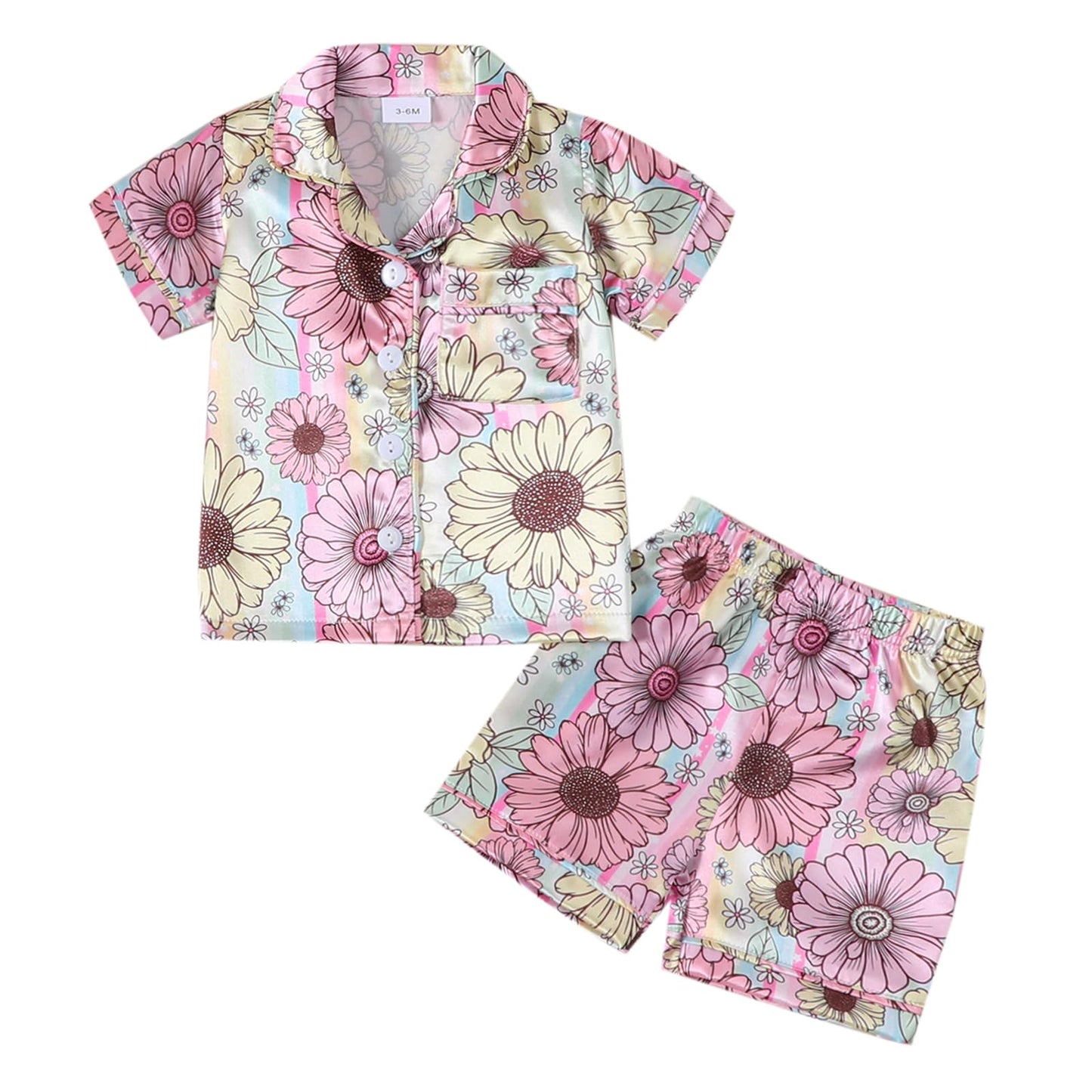 Toddler Girls Floral Silk Pajamas Short Sleeve Button-Up Top Shorts 2PC Flowers Satin Pajamas Set