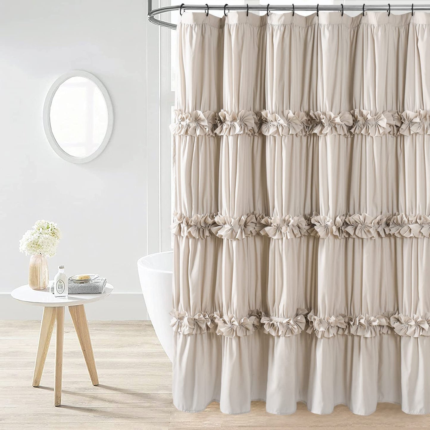 Victorian Bow Tie Ruffle Shower Curtain, with 12 Buttonholes, 72" W x 72" H, White (LQ-10)