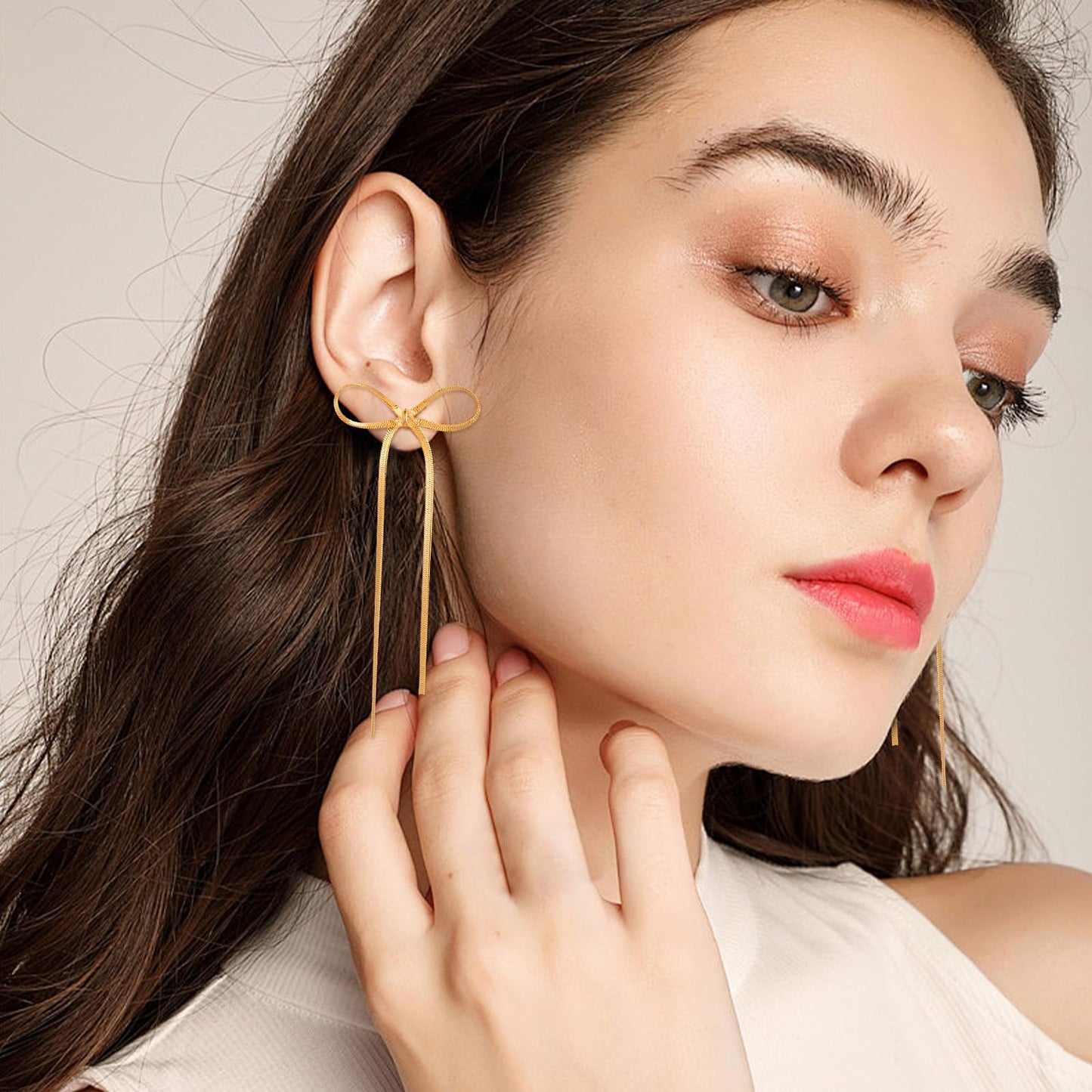 Gold Silver Bow Drop Earrings - Long Tassel Chain Bow Earrings