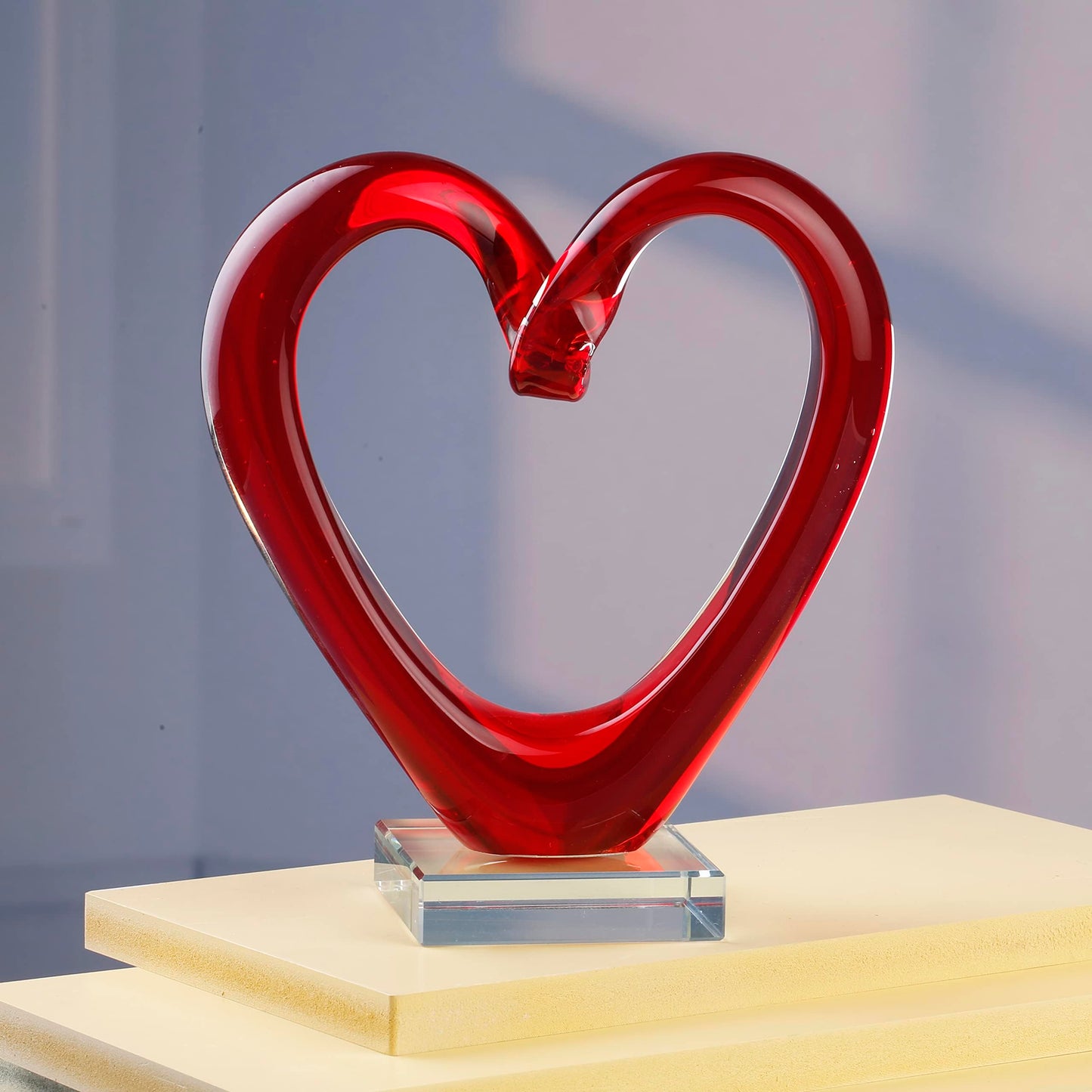 Tall Hand Blown Art Glass Heart Sculpture, Glass Heart Figurine 7.49''