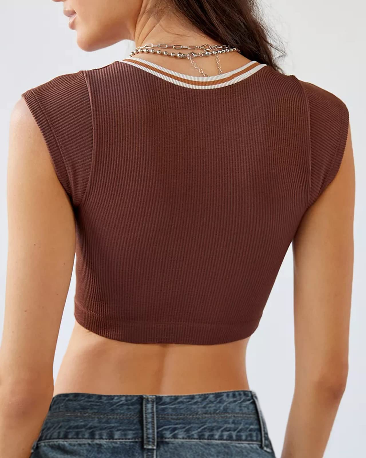 Crop Top Crew Neck T-Shirt Short Sleeve - Ribbed Knit Basic Crop Tank Top