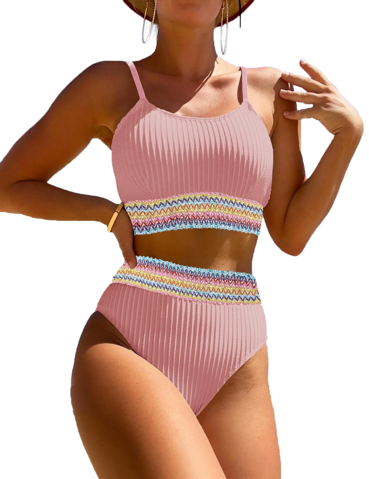 Women's High Waisted Swimsuit Two Piece Ribbed Bikini Sets Crop Top High Cut Cheeky Bathing Suits