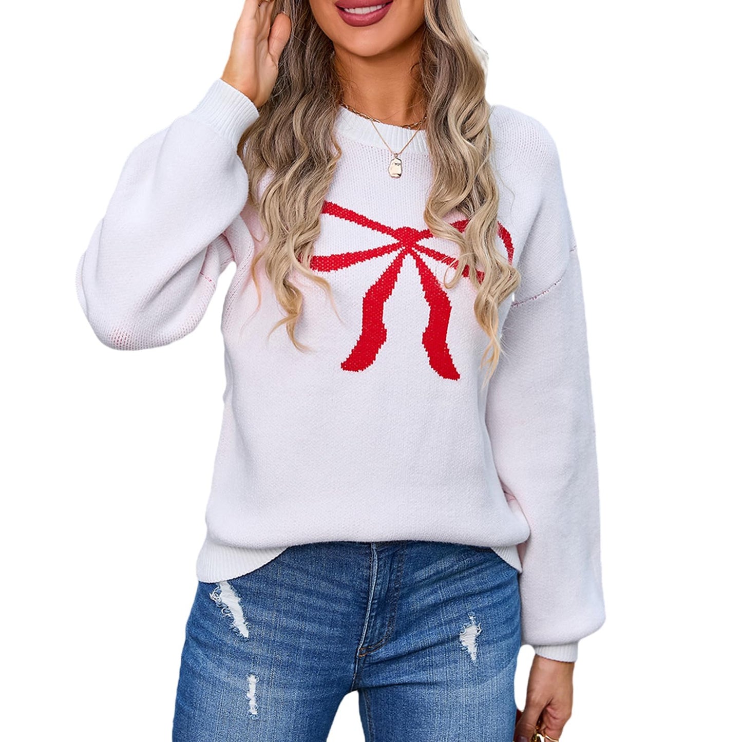 Women Oversized Y2K Fall Sweater Cute Bow Print Long Sleeve Cable Knit Pullover