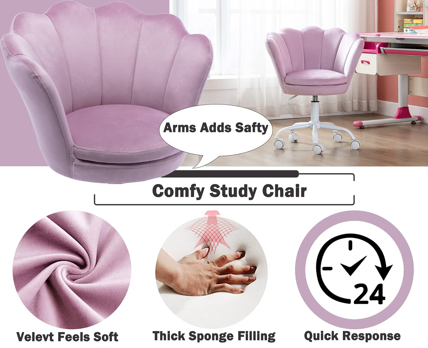 Cute Adjustable Kids Desk Chair - Modern Upholstered Velvet Swivel Rolling Armchair Seashell Back