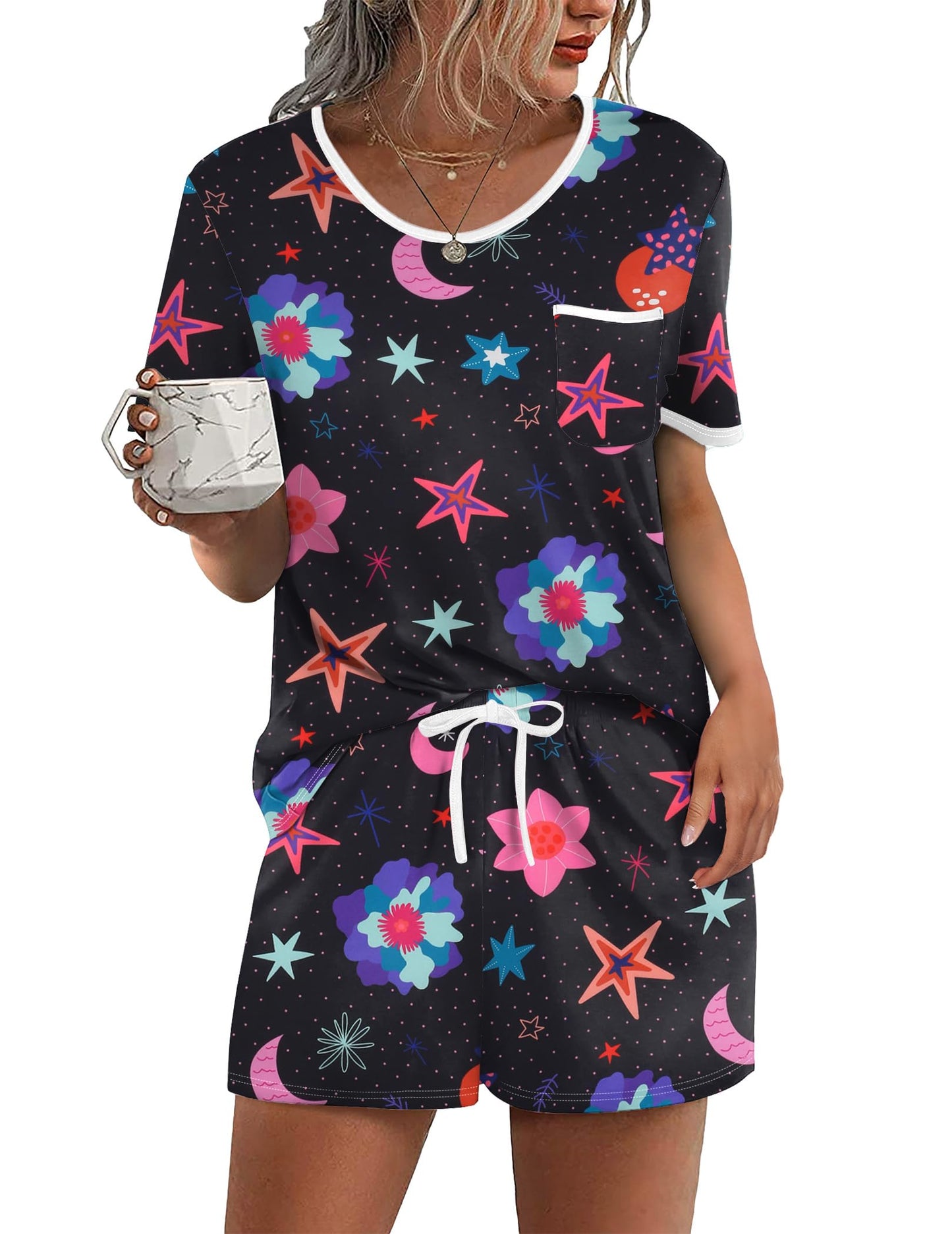 Pajama Set for 2 Piece Lounge Set Short Sleeve Tops and Shorts Soft Sleepwear, Chest Pocket