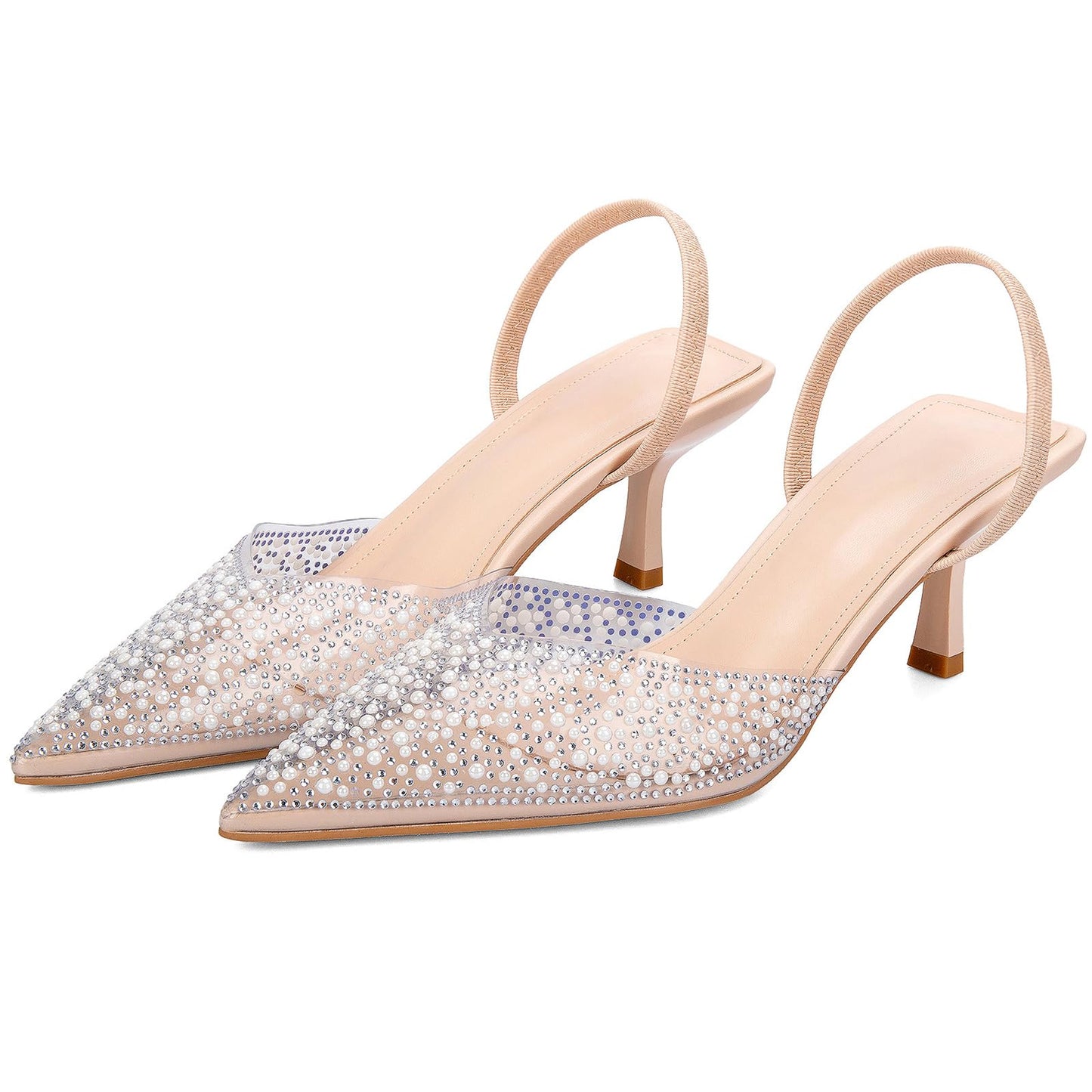 Women's Sparkly Rhinestone Slip On Clear Slingback Kitten Heels with Pearl Studded Pointed Toe